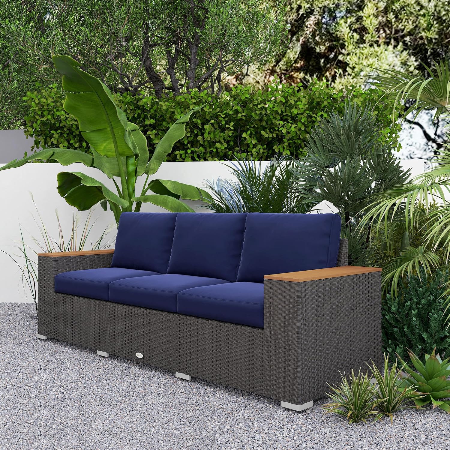 Outsunny 3-Seat Outdoor Patio Sofa with 24.5' Extra Wide Deep Seats, PE Wicker Sofa with Wide Wood Effect Armrests and 4' Cushions, Rattan Outdoor Couch for Porch, Garden, Poolside, Navy Blue