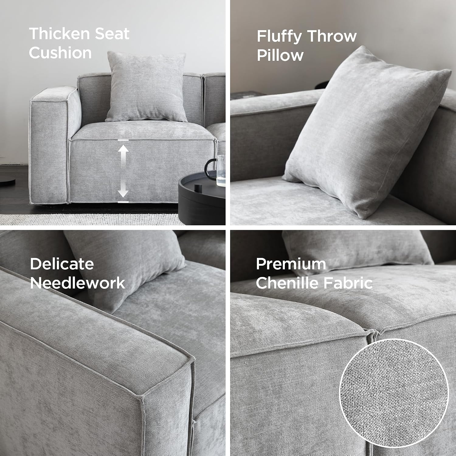 Acanva Luxury Modular Sectional Living Room Sofa Set, Modern Minimalist Style Couch with Ottoman and Chaise, L-Shape, Grey