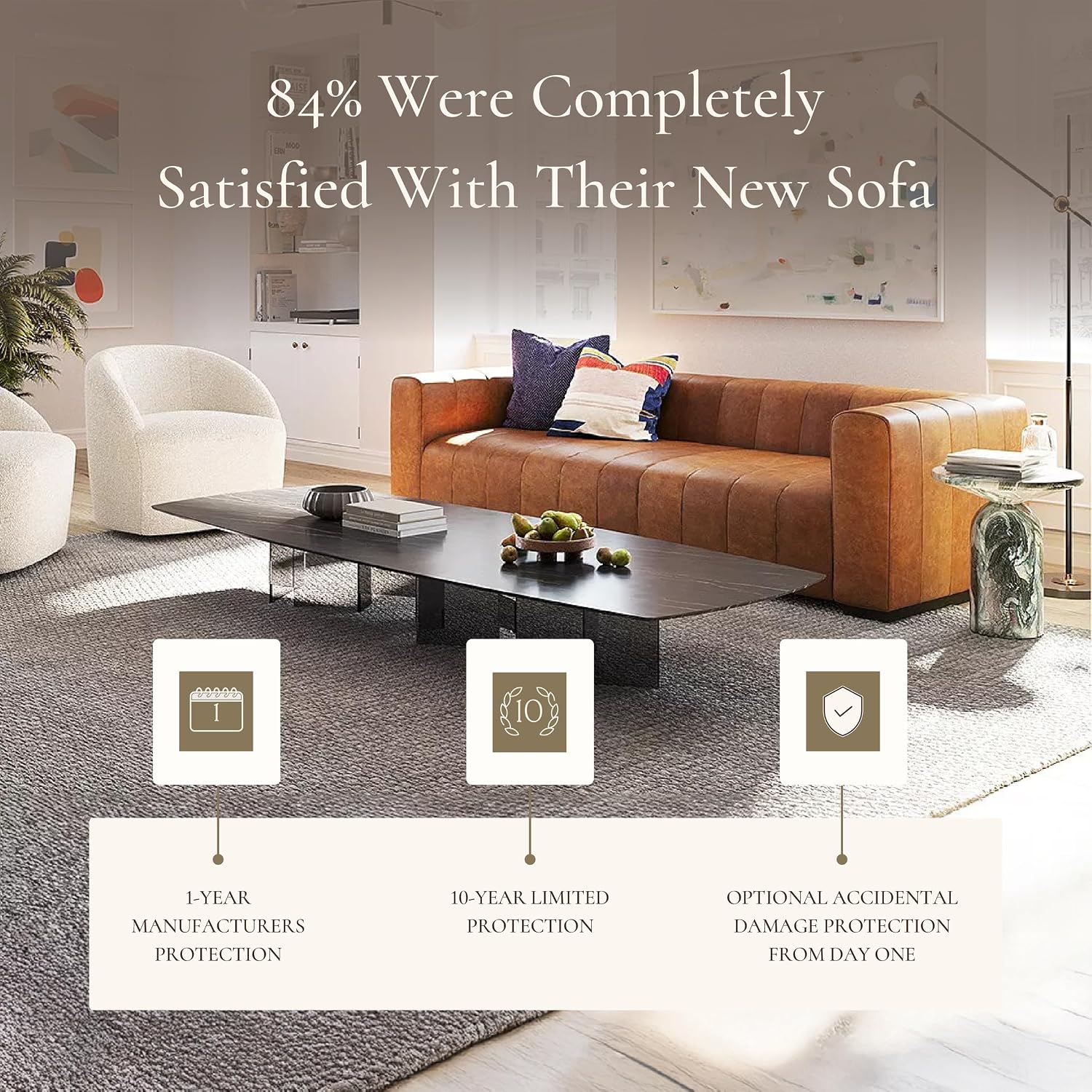 POLY & BARK Canale Sofa – 86' Channel-Tufted Italian Leather Couch – Cognac Tan Full-Grain Pure-Aniline or Semi-Aniline Leather, Solid Wood Frame & Legs