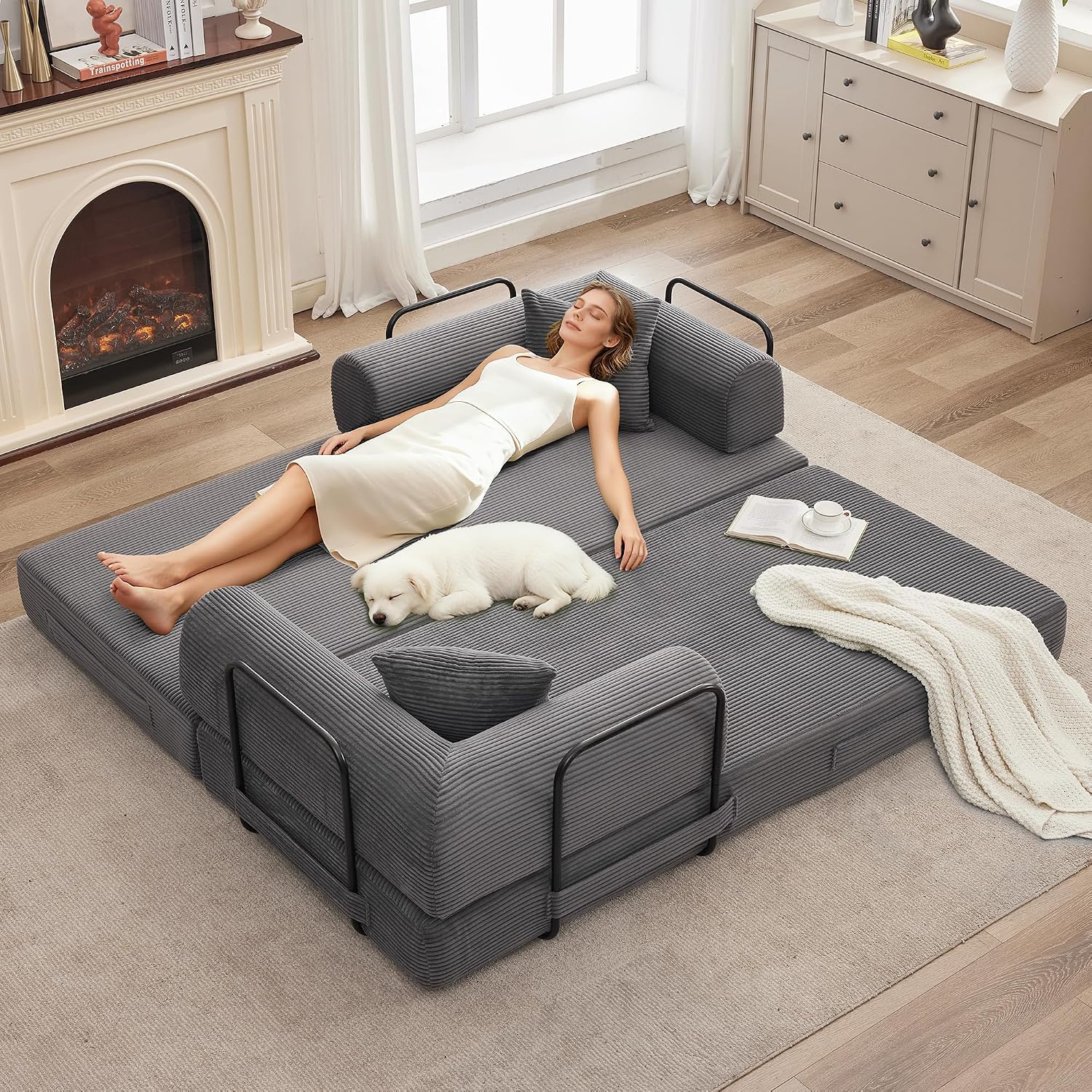 GarveeHome 79' Convertible Sleeper Sofa Bed Couch, 4-in-1 Boneless Corduroy Folding Sofa Bed with Pillow & Fixed-Shape, Floor Mattress Couch Loveseat for Living Room Apartments - No Assembly, Gray