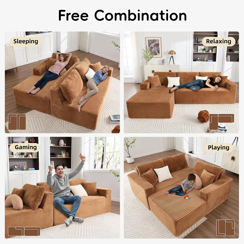 Opiesit 108' Boneless Couches for Living Room, Modular Sectional Sofa with Oversized Chaise, L-Shape Cloud Couch with Deep Seat, High-Density Memory Foam, No Assembly Required, Plush Corduroy Brown