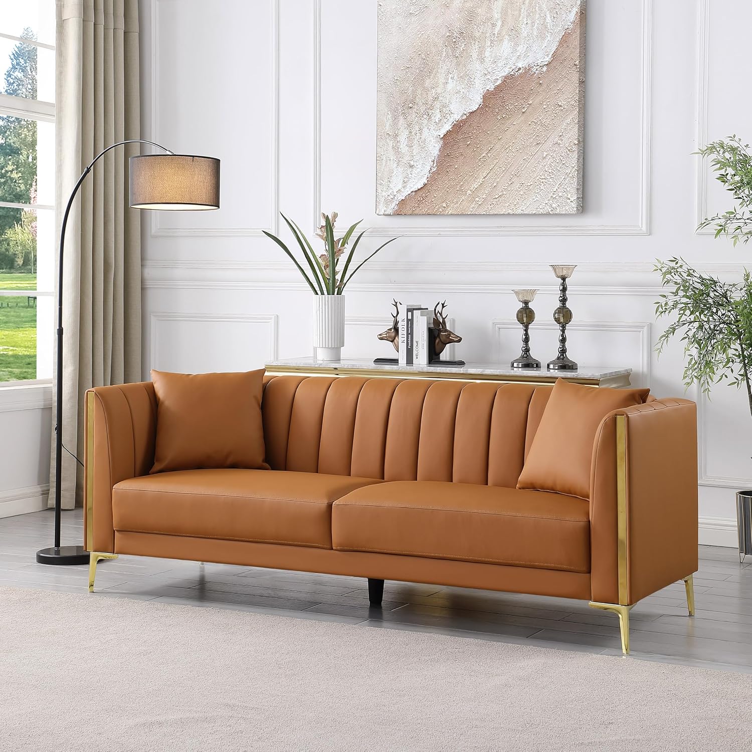 FOTOSOK Leather Couch Sofa, Office Couches 78'' Apartment Faux Leather Sofa with 2 Throw Pillows & Gold Metal Legs, Waterproof 3 Seater Couches for Small Living Room, Affordable Luxury Design