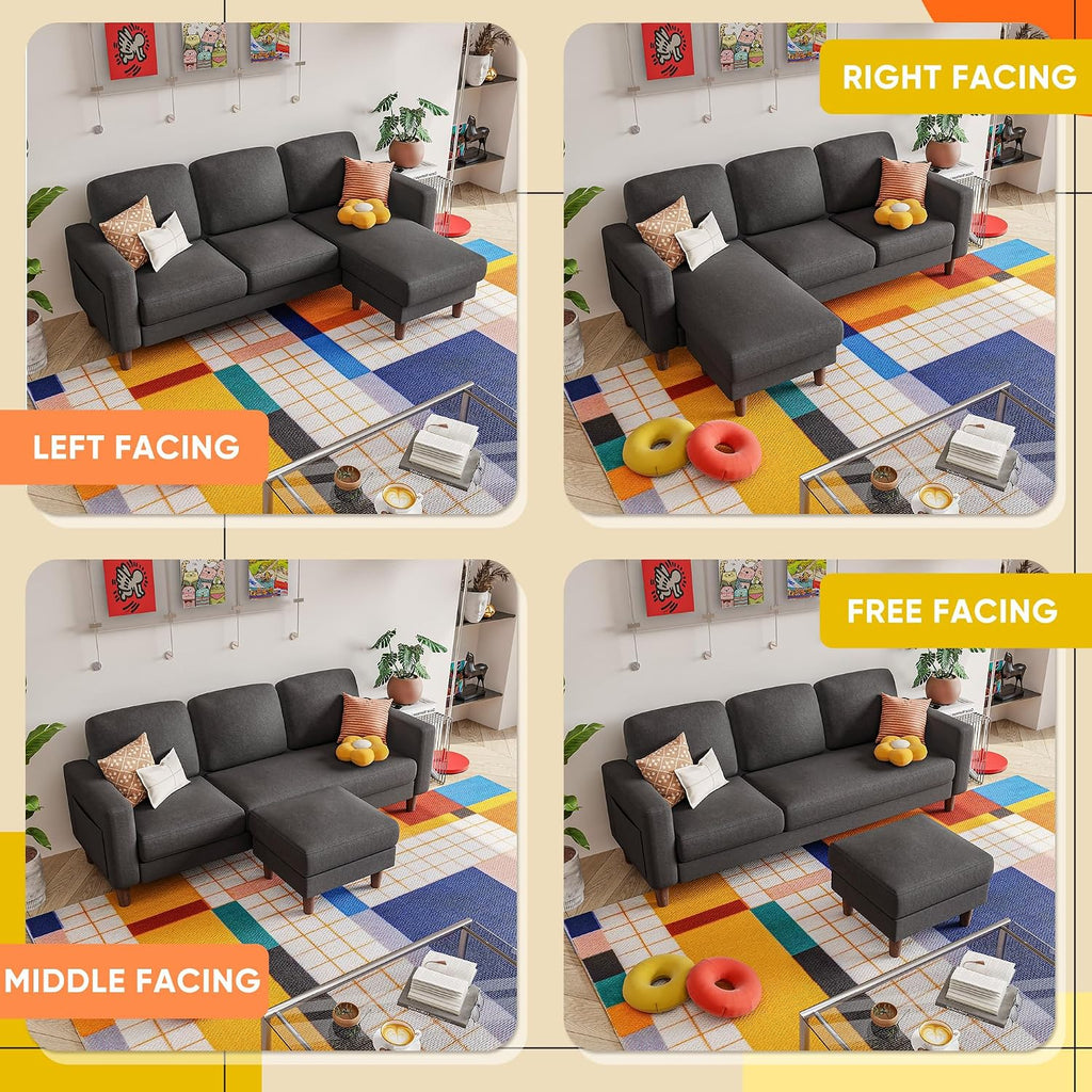 YESHOMY Couch for Living Room, Small L-Shaped Couch with Convertible Chaise, Comfy Sectional Sofa with Ottoman and Side Pockets for Small Space,Dark Grey