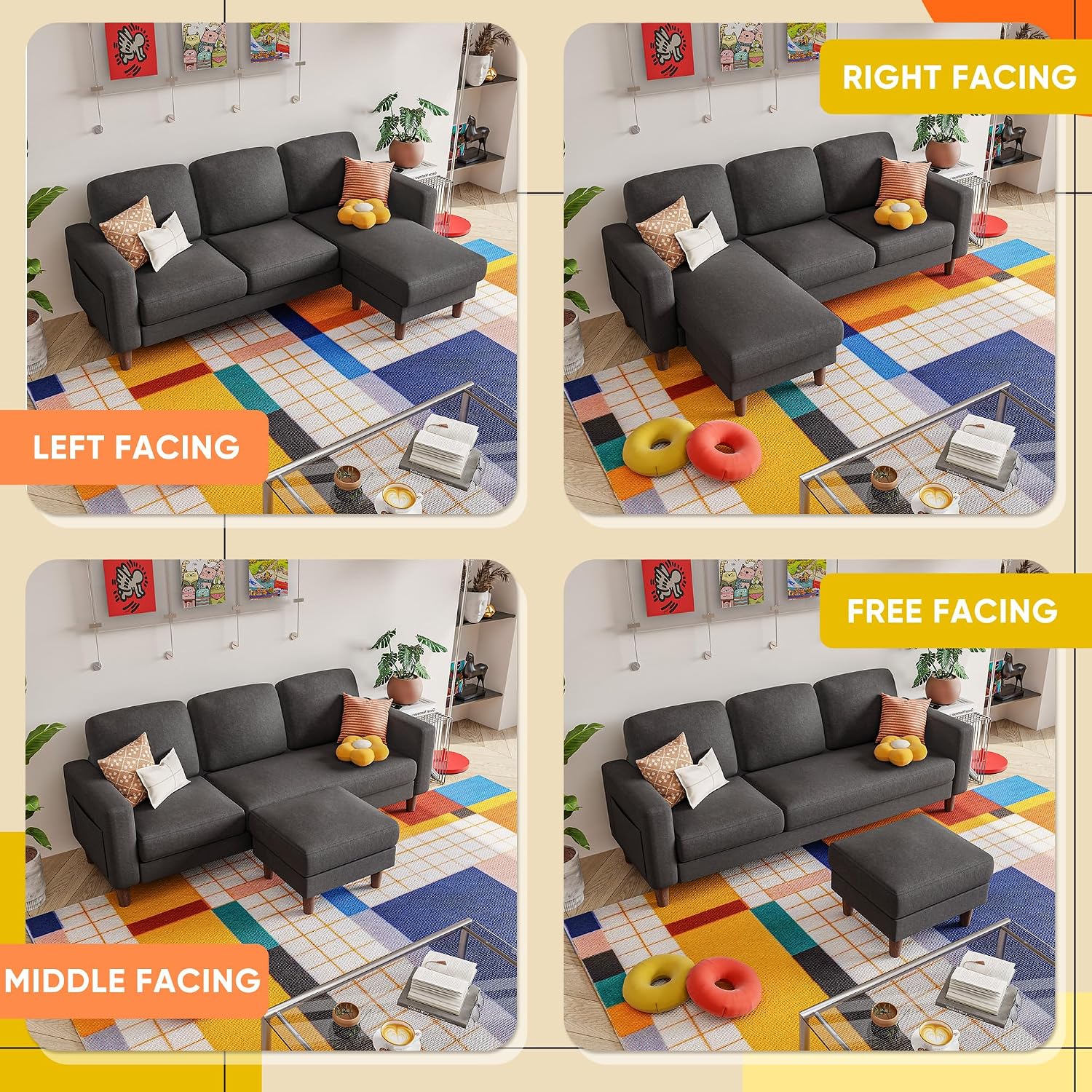 YESHOMY Couch for Living Room, Small L-Shaped Couch with Convertible Chaise, Comfy Sectional Sofa with Ottoman and Side Pockets for Small Space,Dark Grey