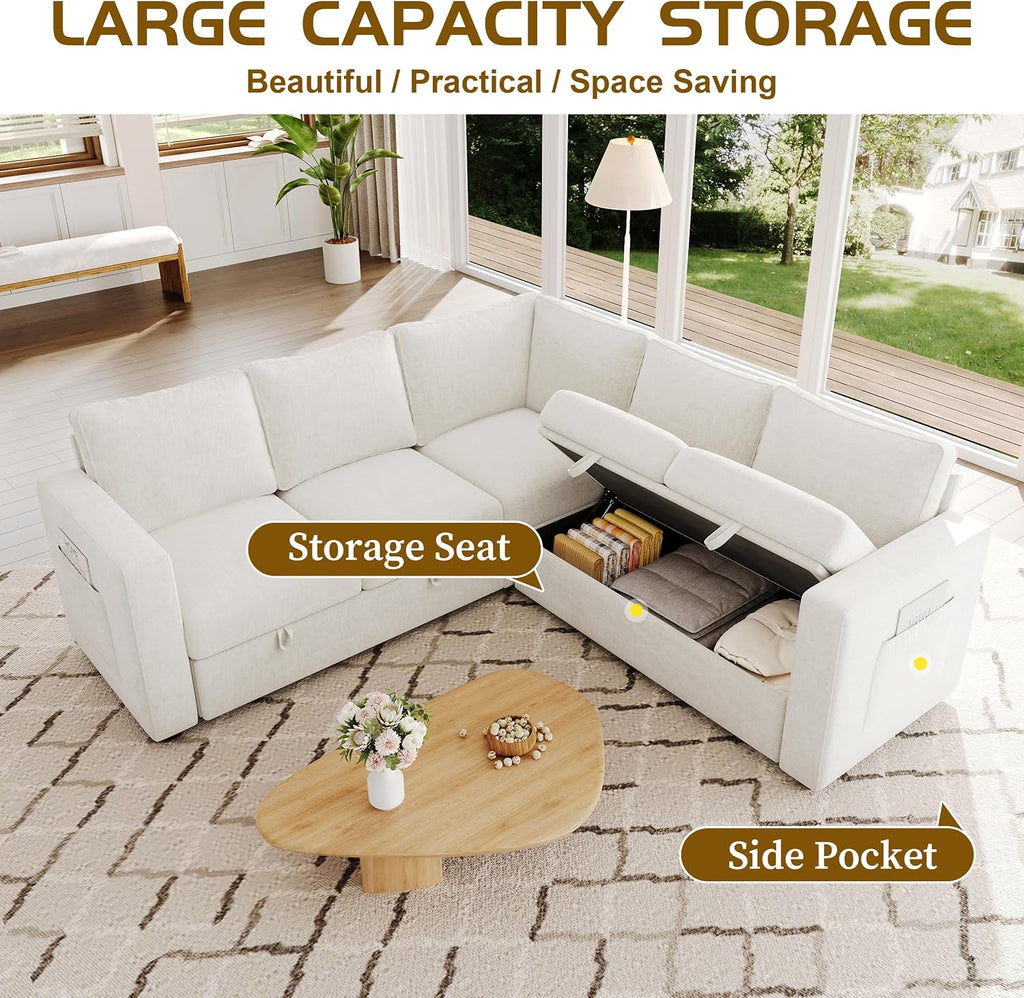 83.5' Sectional Sleeper Sofa with Pull Out Couch, Modern 5 Seat L Shaped Modular Couch, Sectionals Modular Sofa with Storage, Comfy Sectional Couches for Living Room & Apartment, Light Beige