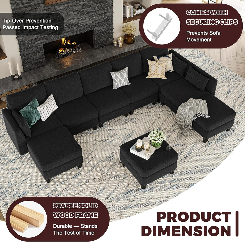 Modular Sectional Sofa, 6 Seaters Modular Sleeper Sofa Couch, Comfy Sectionals Couches Bed, Convertible Sofas with Ottomans, Sectional Couches for Living Room, Black