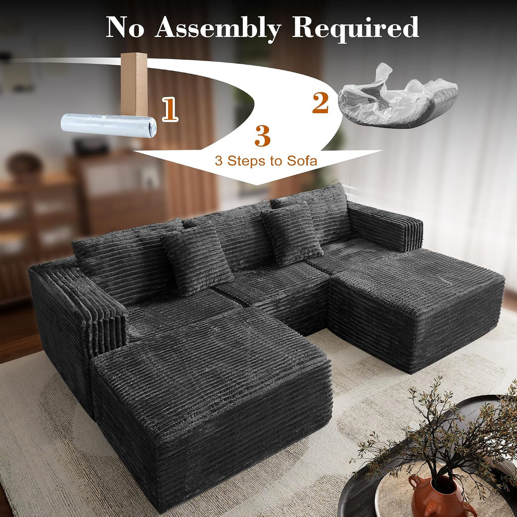 110 Corduroy Modular Sectional Boneless Sofa with 2 Ottomans, Convertible Cloud Couch with Deep Seats, Fluffy Memory Foam U Shaped Couch for Living Room, No Assembly Required (Black)