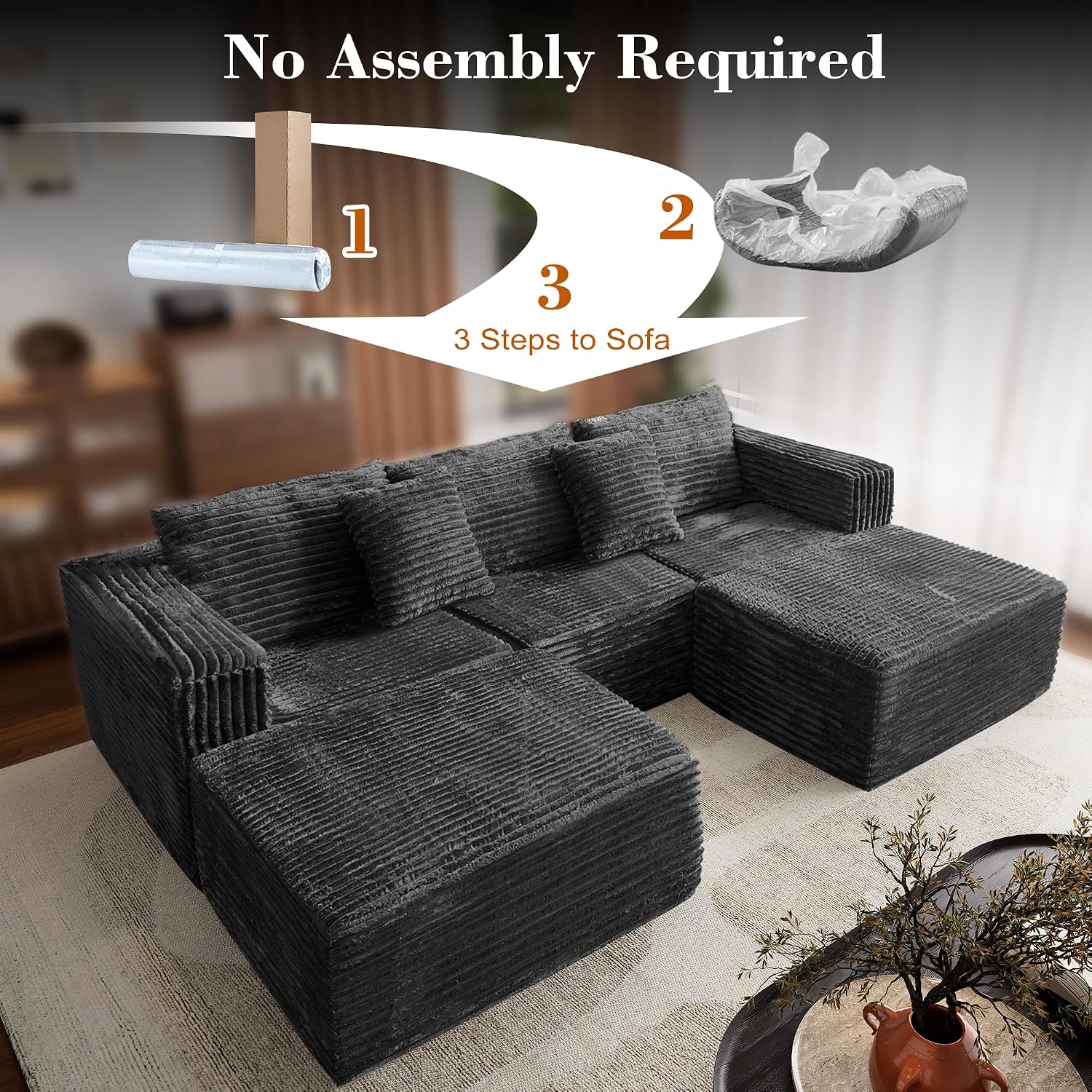 110 Corduroy Modular Sectional Boneless Sofa with 2 Ottomans, Convertible Cloud Couch with Deep Seats, Fluffy Memory Foam U Shaped Couch for Living Room, No Assembly Required (Black)