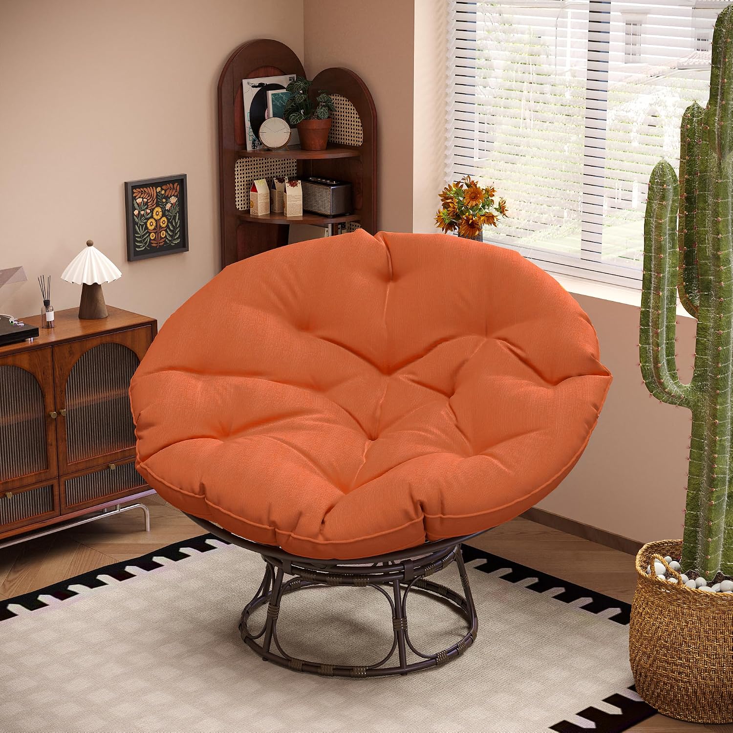 46'' Large Size Papasan Chair (Non-Swivel) with Cushion and Frame, Round Lazy Chair for Living Room and Bedroom, Orange