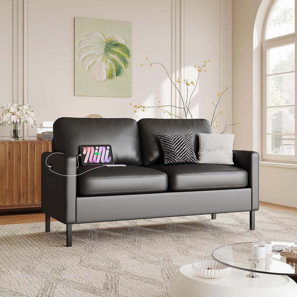 STHOUYN 56' W Faux Leather Loveseat w/ 2 USB, Black Love Seat w/Side Pockets, Small Loveseat for Small Space, Leather Couch for Bedroom, Apartment, Dorm, Black