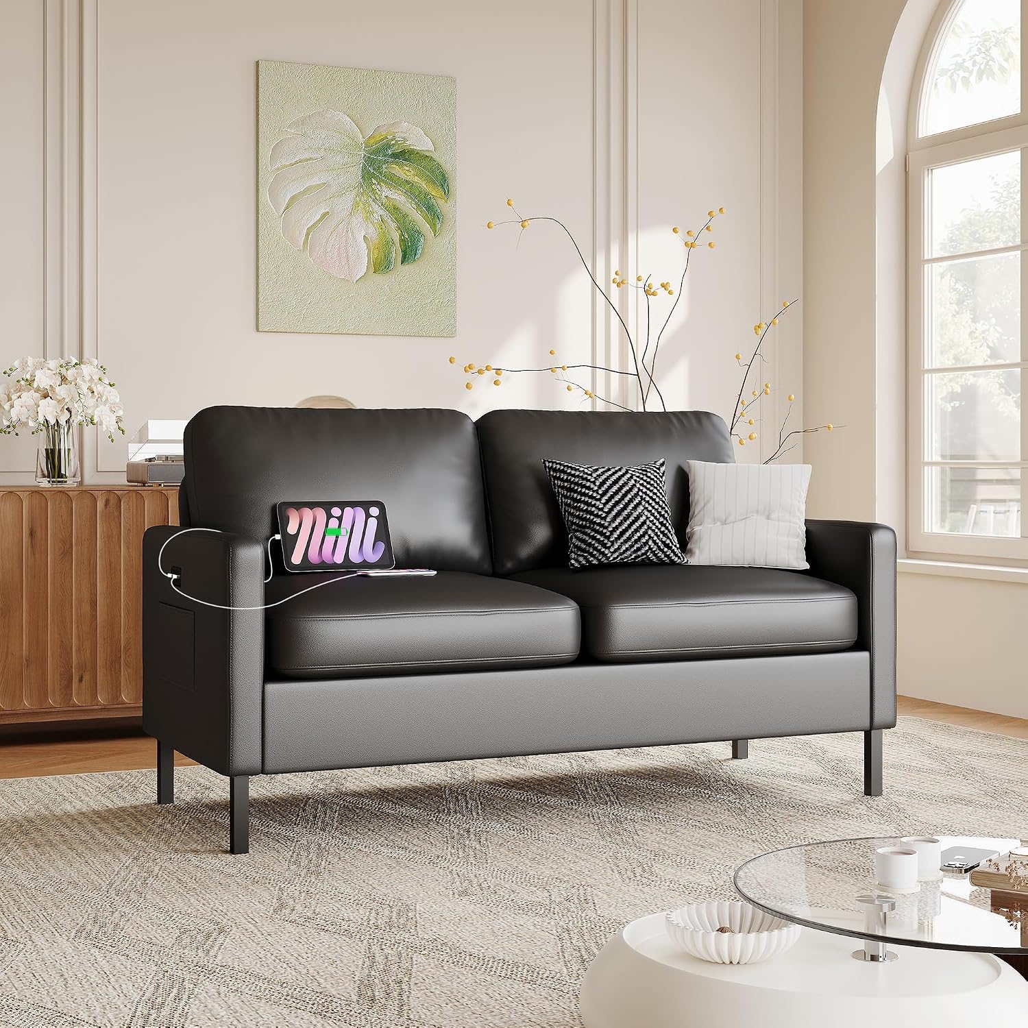 STHOUYN 56' W Faux Leather Loveseat w/ 2 USB, Black Love Seat w/Side Pockets, Small Loveseat for Small Space, Leather Couch for Bedroom, Apartment, Dorm, Black