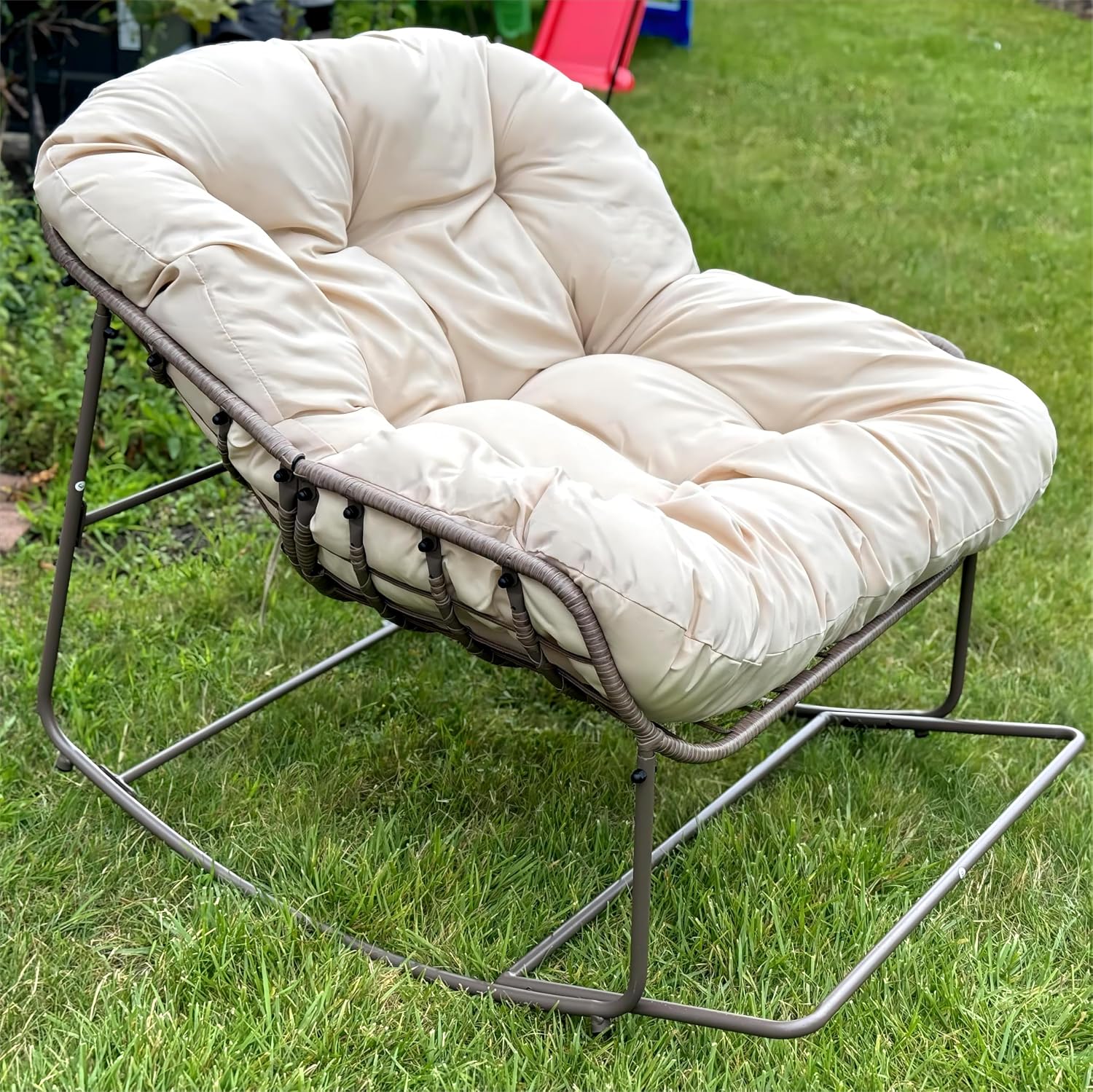 YITAHOME Rocking Papasan Chair, Outdoor Oversized Saucer Chair with Foldable Frame & Comfy Cushion, Wicker Basket Moon Chair for Patio, Porch, Bedroom (Brown+Beige)