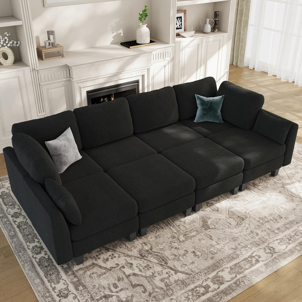 Sectional Sleeper Sofa, 8 Seaters Modular Sleeper Sofa Couch, Comfy Sectionals Couches Bed, Convertible Sofas with Ottomans, Modular Sectional Couches for Living Room, Black