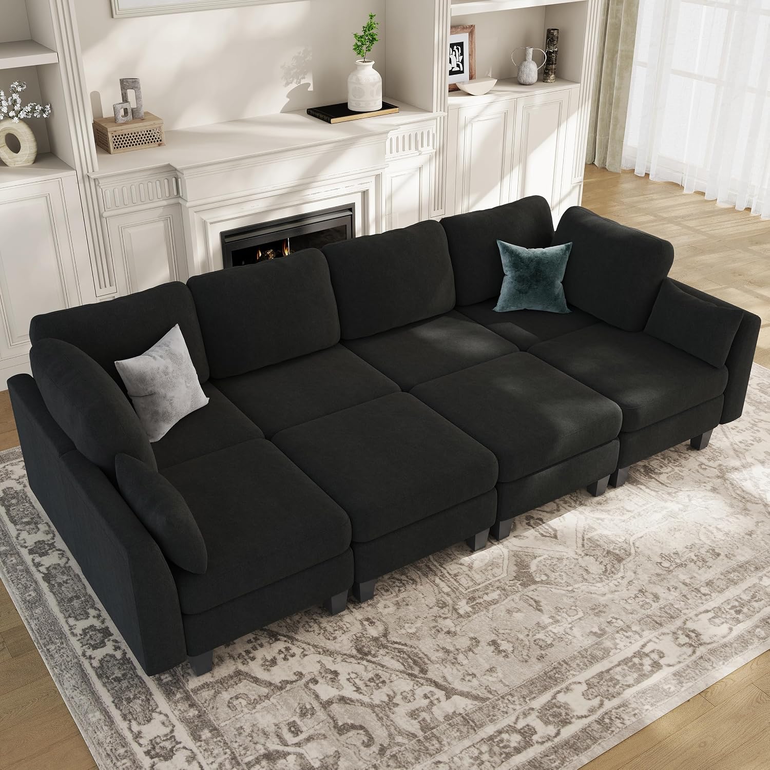 Sectional Sleeper Sofa, 8 Seaters Modular Sleeper Sofa Couch, Comfy Sectionals Couches Bed, Convertible Sofas with Ottomans, Modular Sectional Couches for Living Room, Black