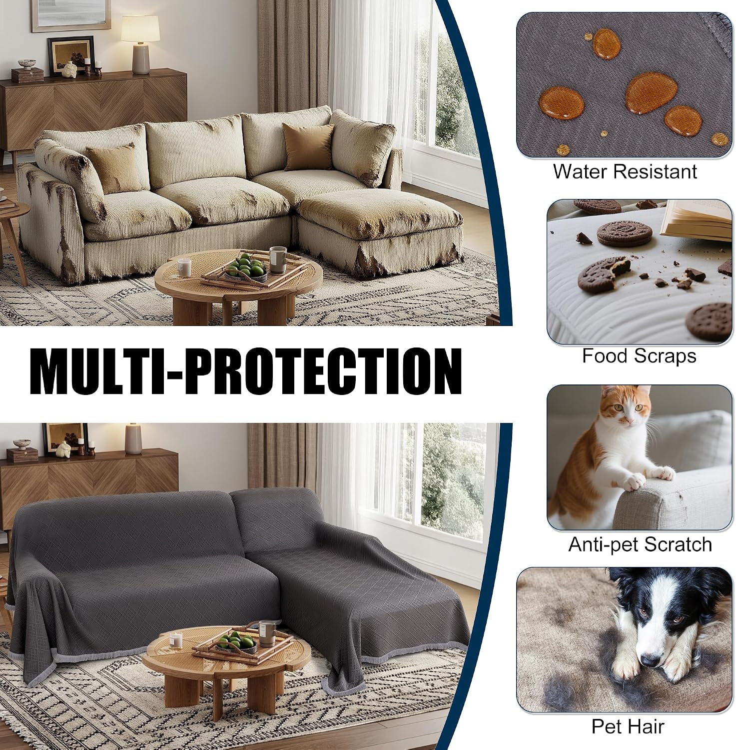 Waterproof L Shaped Sectional Couch Covers Blanket 2 Piece Sectional Sofa Cover Washable L Shape Sofa Slipcover Jacquard Quilted Furniture Protector for Dogs Pets Cats (XX-Large, Dark Grey)