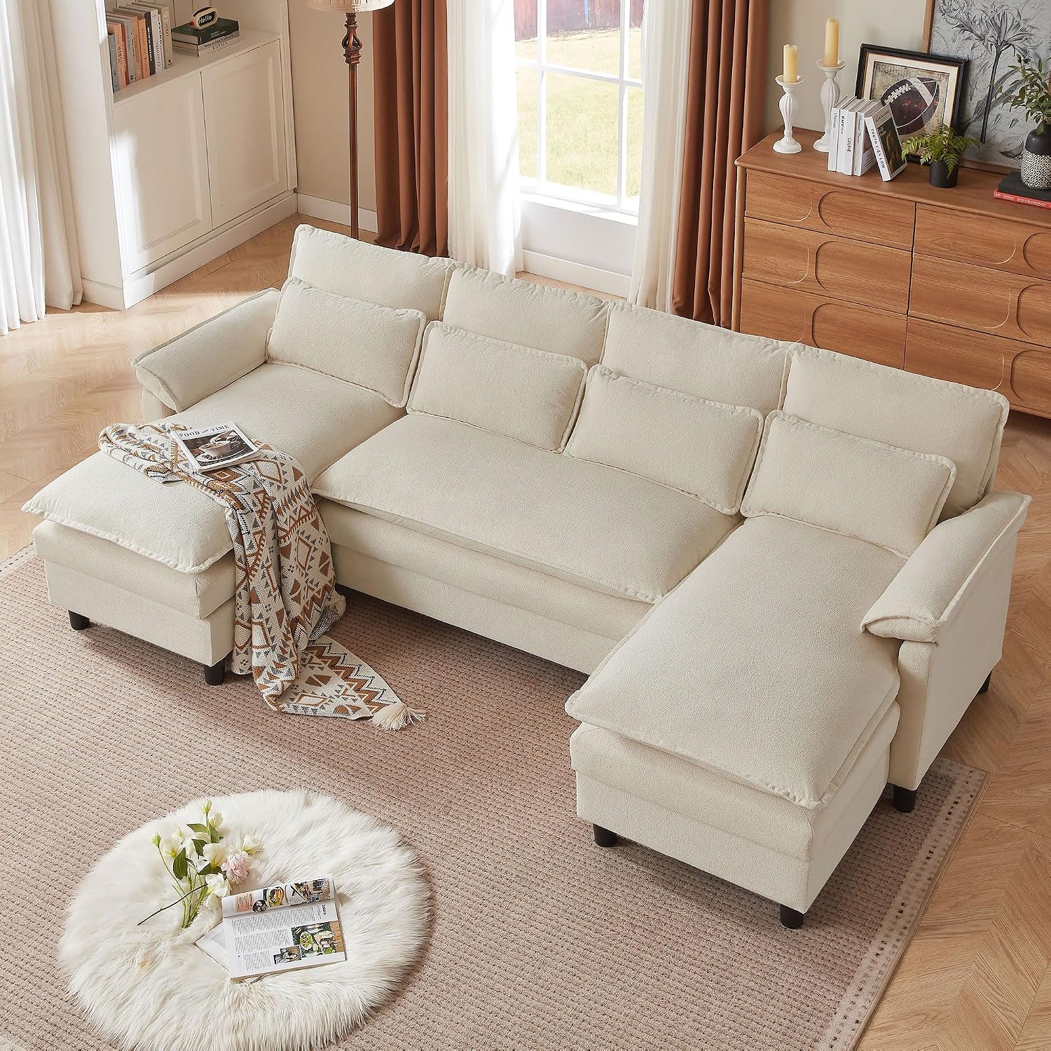Comfy Cloud Couch Sectional Sofa with Lumbar Pillows, 105' Modern U-Shaped Cloud Sofa with Double Chaise & Deep Seat, Sectional Couches for Living Room, Office, Easy Assembly, Beige