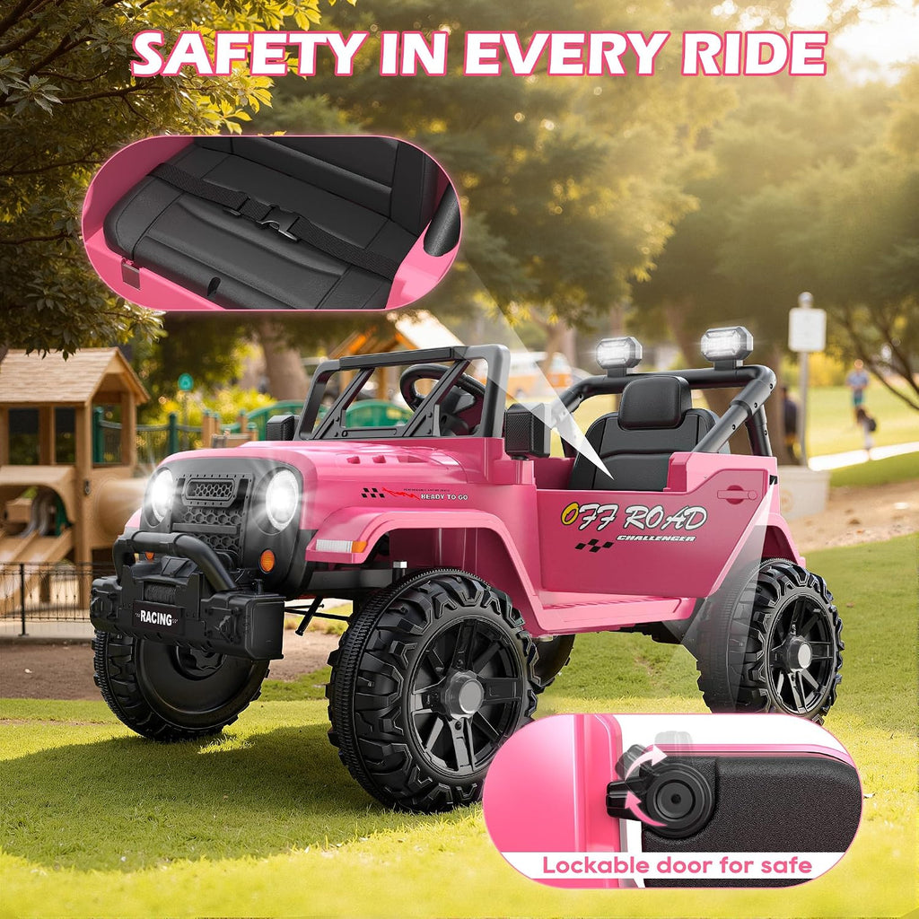 ARBELI 12V Ride On Truck Car with Remote Control, Kids Electric Vehicles with Bluetooth Music, Horn, 3 Speeds, 4 LED Lights, Soft Start, Ride on Toys for Toddler Boys & Girls, Pink
