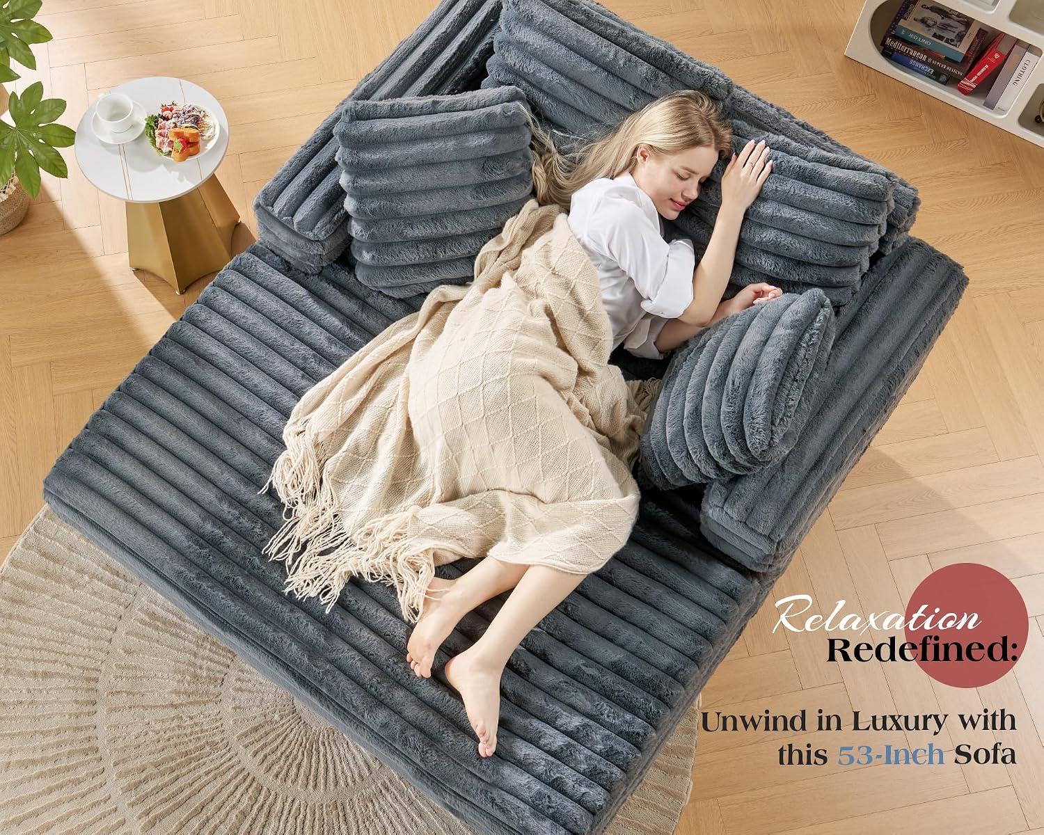 VanAcc 58-Inch Faux Fur Convertible Sofa Bed, Plush Chaise Lounge with Removable Pillows and Armrests for Living Room, Dark Grey
