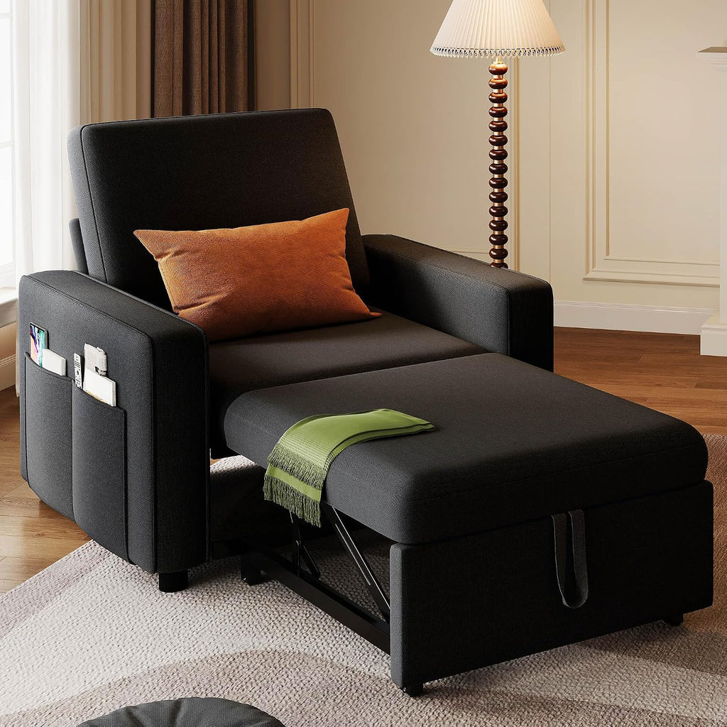 DWVO Convertible Sleeper Chair, 3-in-1 Sofa Bed with Reclining Backrest, 75' Single Sleeper Couch with Pull-Out Bed and Wide Armrest, Linen Futon Sofa for Dorm Apartment, Black