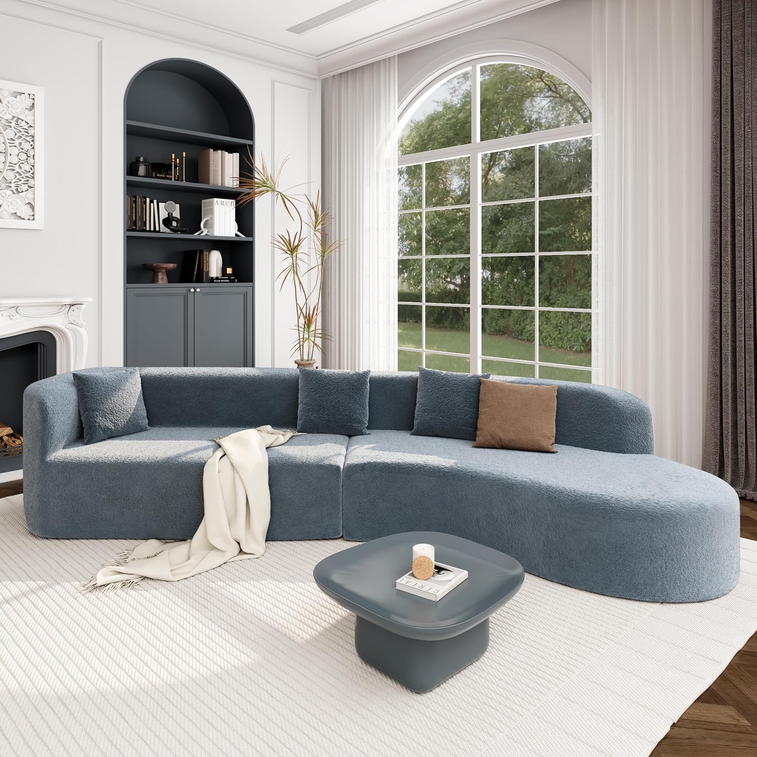 Merax Modern Minimalist Large 2-piece Sectional Curved Chenille Sofa with 3 Pillows and High-Density Foam for Luxurious Comfort and Seamless, for Living Room, Bedroom, Blue