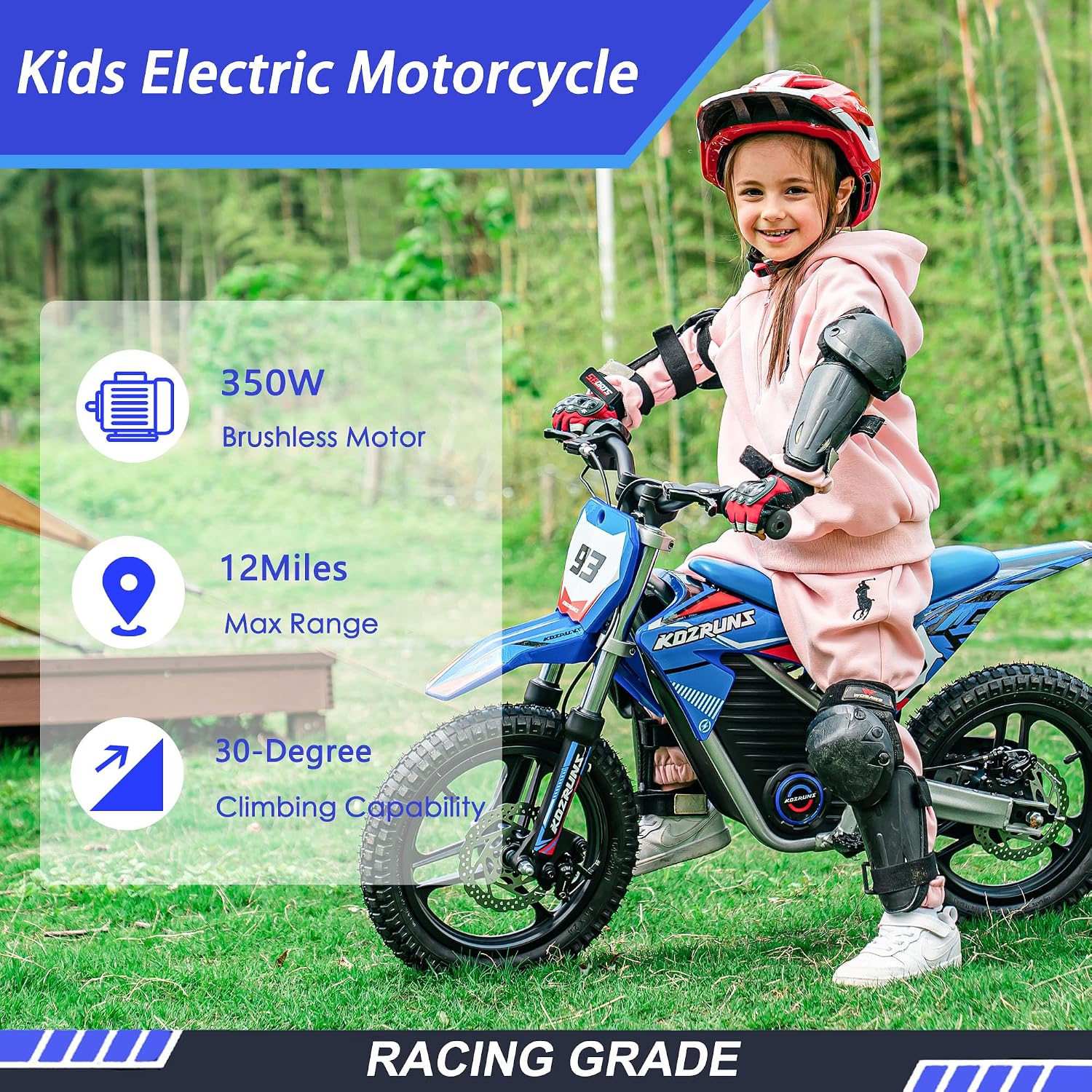 OLALA 36V Electric Dirt Bike for Kids 4-8, 350W Brushless Motor with 3-Speed Control, 18.6 MPH Max Speed, 14' Off-Road Tires Motorcycle, for Boys & Girls, Blue