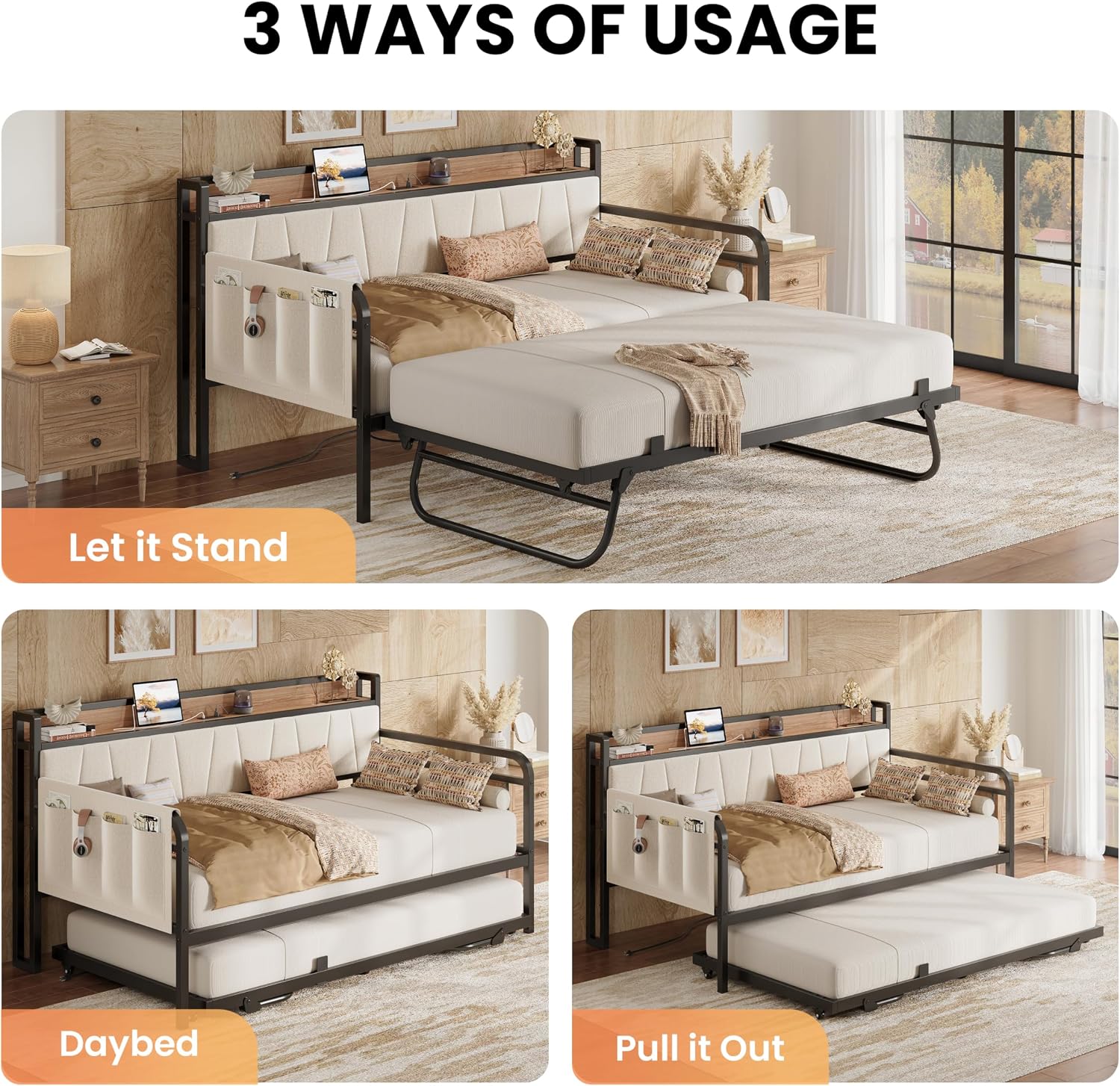LIKIMIO Twin Daybed, Day Bed with Trundle, Storage Upholstered Headboard and Charging Station, Trundle Bed with Strong Supports for Living Room, Bedroom, and Guest Room, Beige