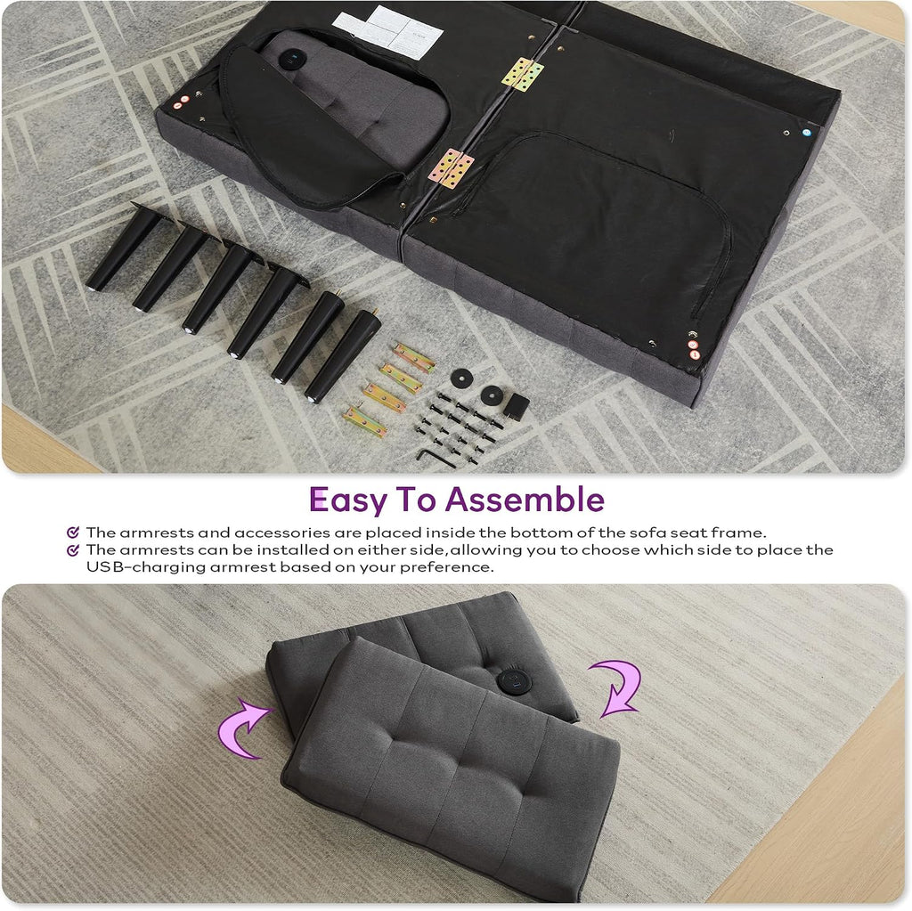TYBOATLE 65' Convertible Futon Sofa Bed w/ 2 USB, Upholstered Tufted Small Adjustable Folding Couch Loveseat, Modern Mid Century Sleeper Sofa for Living Room, Bedroom, Apartment, Office (Dark Grey)