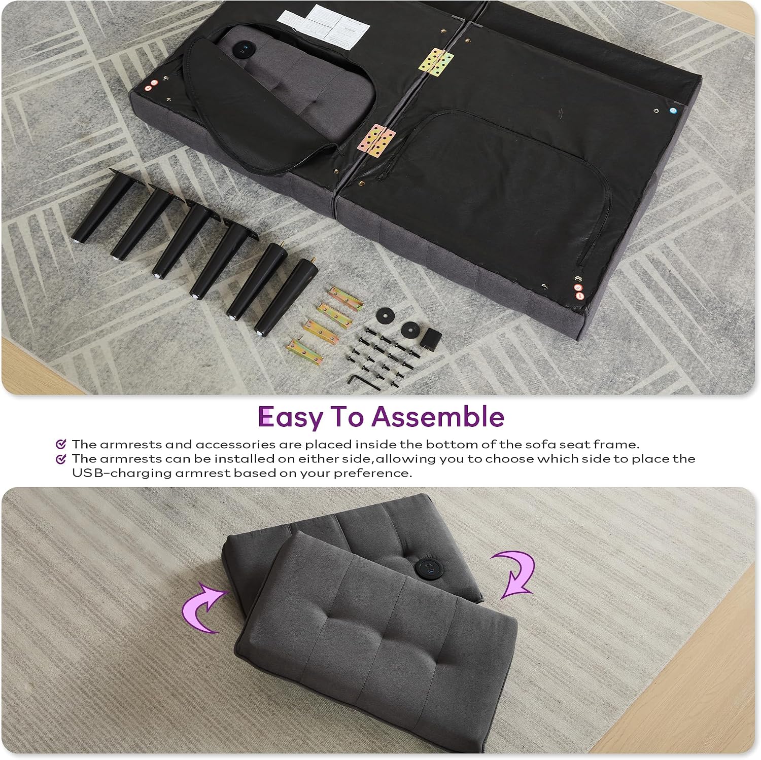 TYBOATLE 65' Convertible Futon Sofa Bed w/ 2 USB, Upholstered Tufted Small Adjustable Folding Couch Loveseat, Modern Mid Century Sleeper Sofa for Living Room, Bedroom, Apartment, Office (Dark Grey)