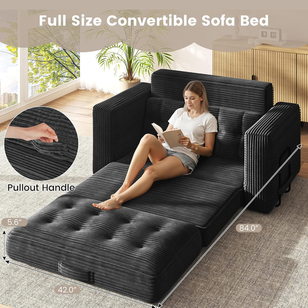 Convertible Sofa Bed, 2 in 1 Boneless Couch Bed with 2 Pillows, Corduroy Pull out Couch Folding Sofa Bed with Deep Seat, Small Loveseat Sleeper Sofa Bed in a Box for Small Spaces, No Assembly Required