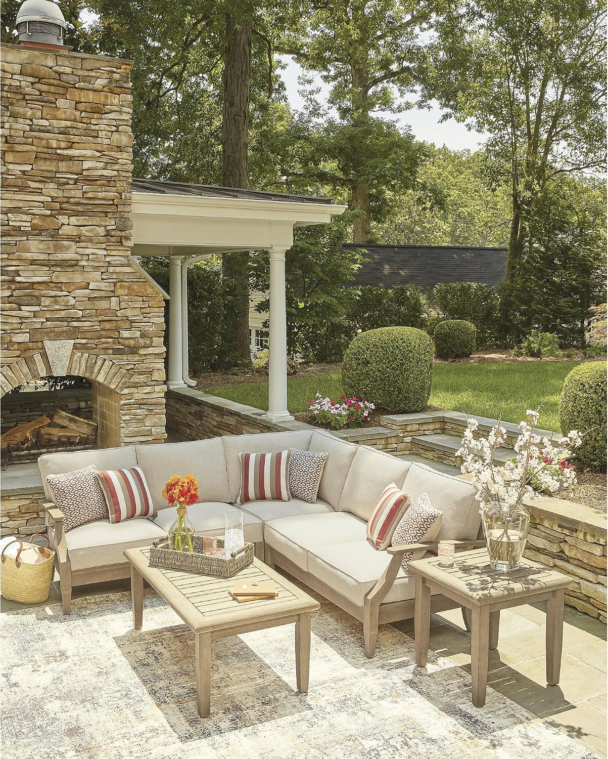Signature Design by Ashley Clare View Symmetrical Contemporary 3-Piece Outdoor Sectional with Cushion and 6 Throw Pillows, Beige
