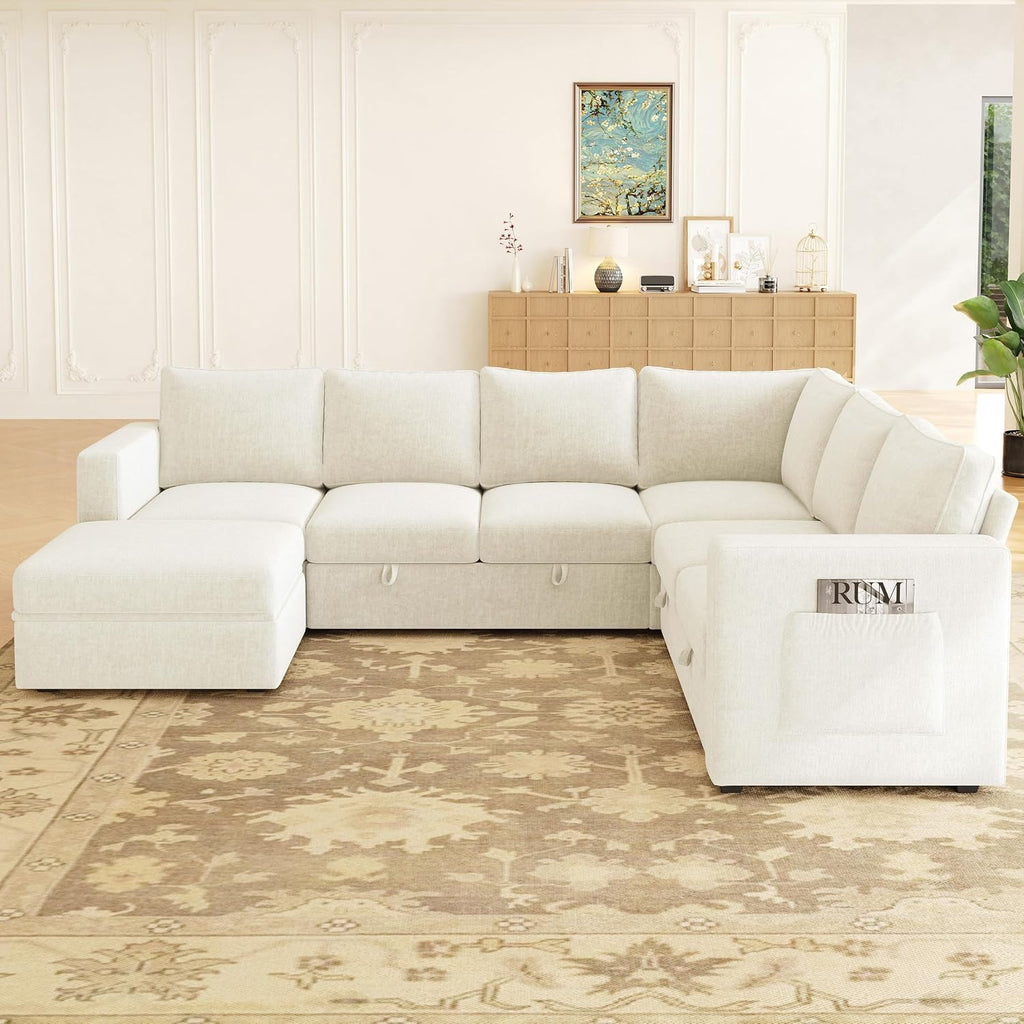 106.7' Sectional Sleeper Sofa with Pull Out Couch, Modern 7 Seat U Shaped Modular Couch, Sectionals Modular Sofa with Storage, Comfy Sectional Couches for Living Room & Apartment, Light Beige
