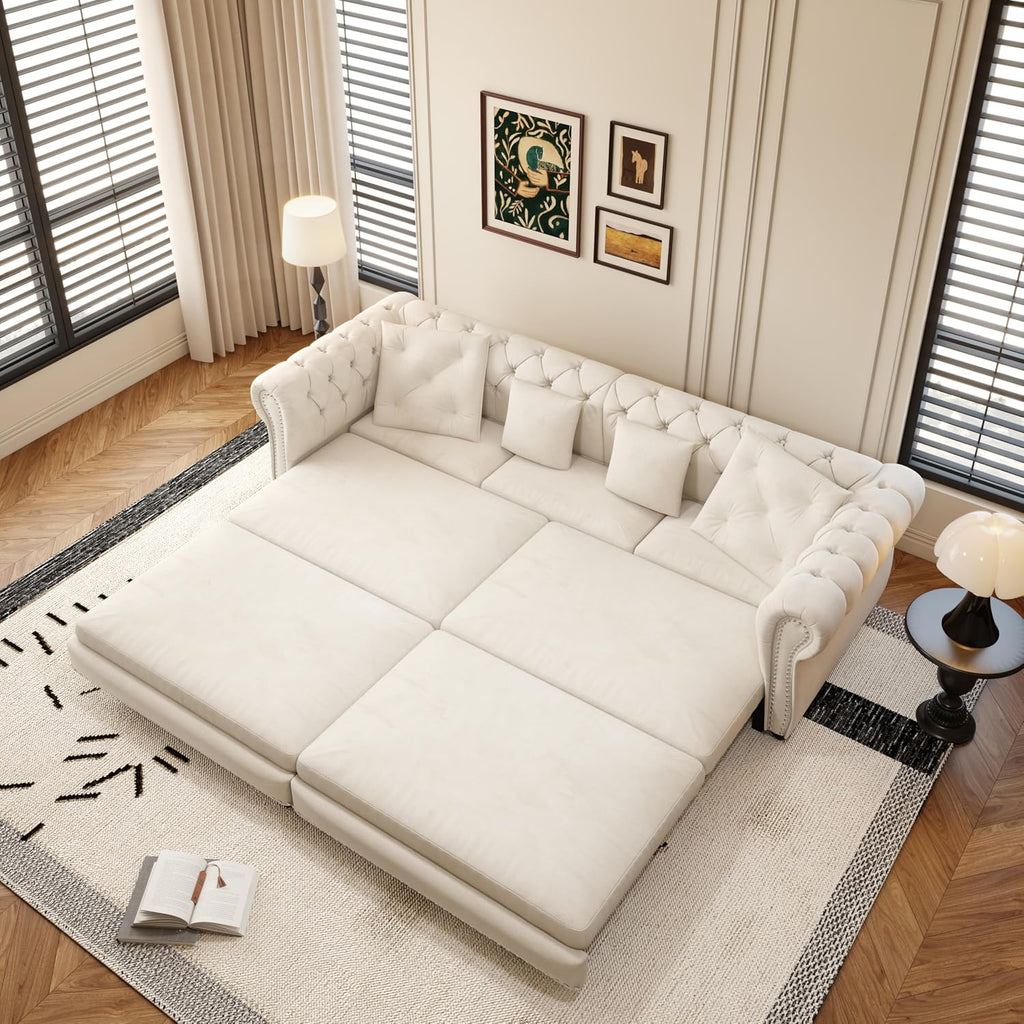 3 in 1 Oversized Chesterfield Loveseat Sofa Convertible Pull Out Sleeper Sofabed King Size Couch Bed w/Movable Ottoman and Nailhead Trim for Living Room Tufted Velvet Recliner Daybed Sofacama