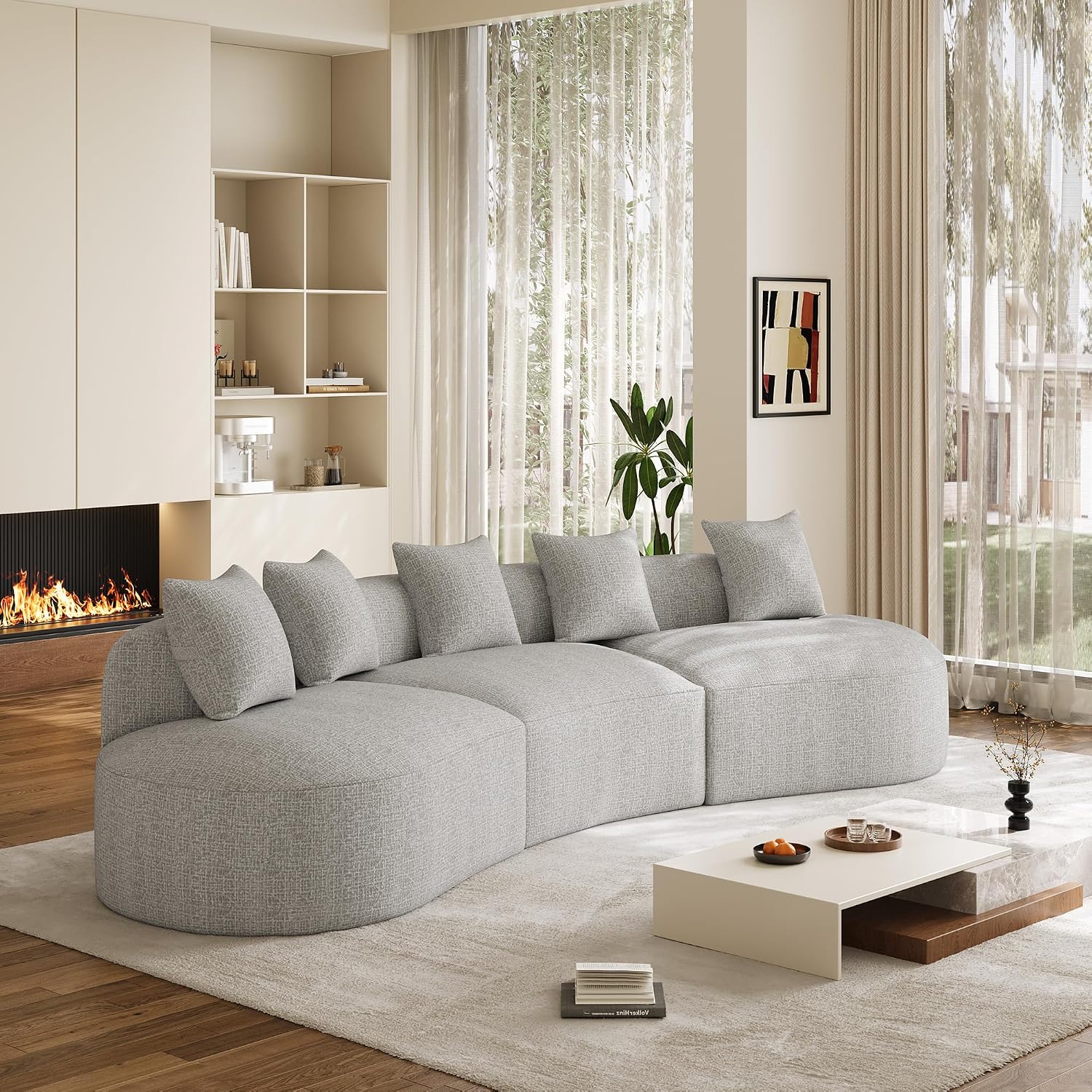 134' Oversized Sectional Sofa for Living Room, Modern Luxury Plush Chenille 4-Seater Extra Deep & Wide Seat Curved Cloud Couch with 5 Throw Pillows, No Assembly Needed, Light Grey