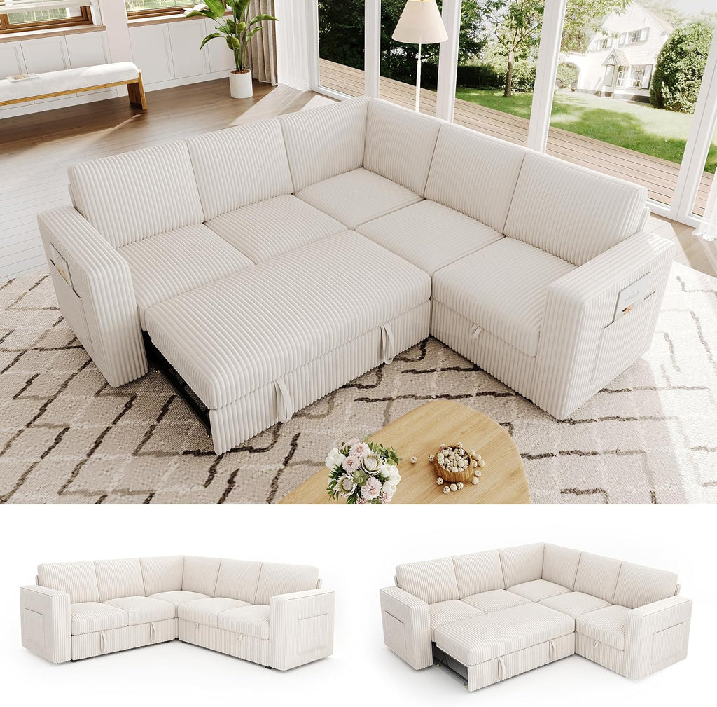 83.5' Sectional Sleeper Sofa with Pull Out Couch, Modern 5 Seat L Shaped Modular Couch, Sectionals Modular Sofa with Storage, Comfy Corduroy Couches Sectional for Living Room & Apartment, Beige