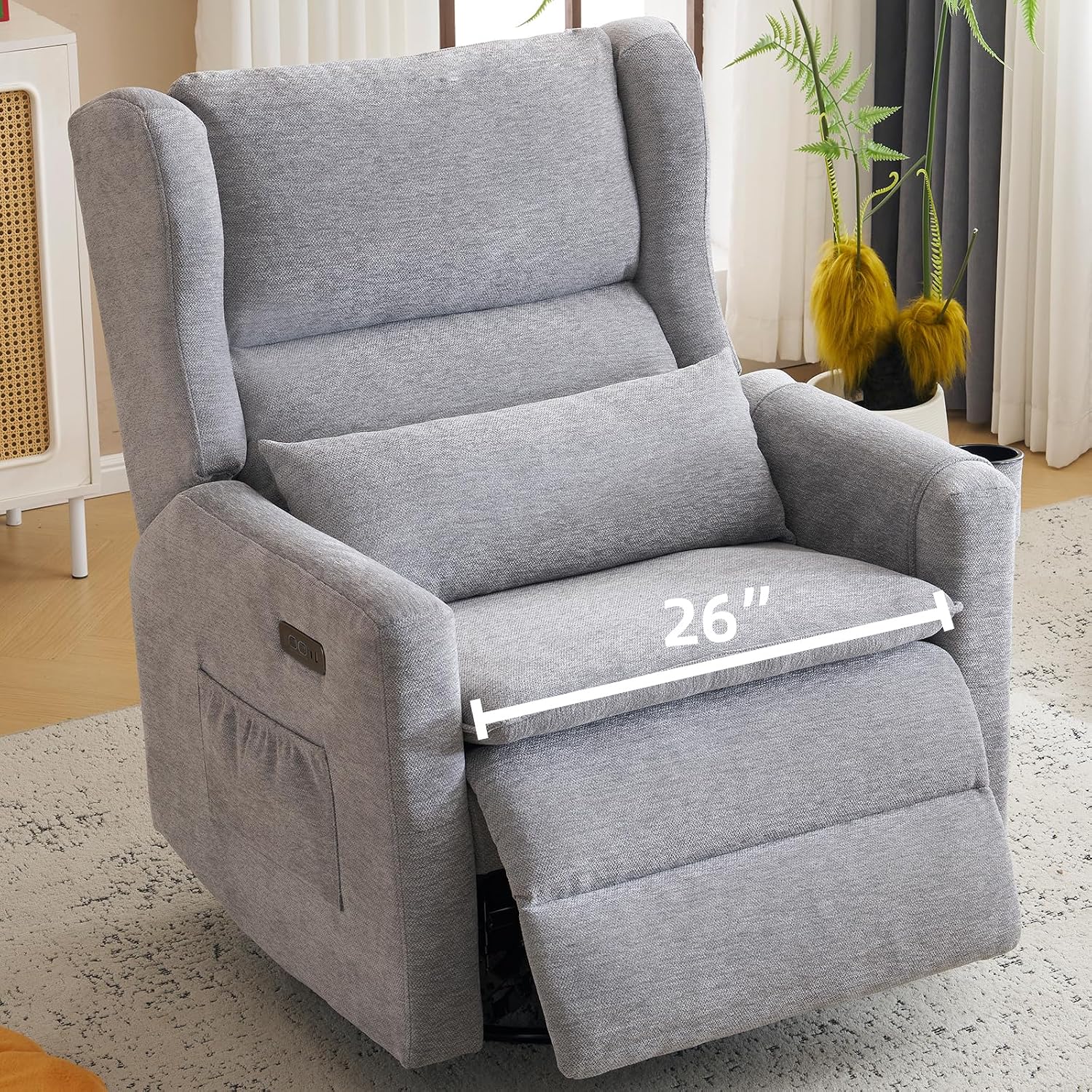 Power Recliner Chair Swivel Glider, Oversized Swivel Rocker Recliner with Adjustable Headrest, Chenille Glider Recliner Nursery Chair with Overstuffed Lumbar Support, USB Ports,Grey