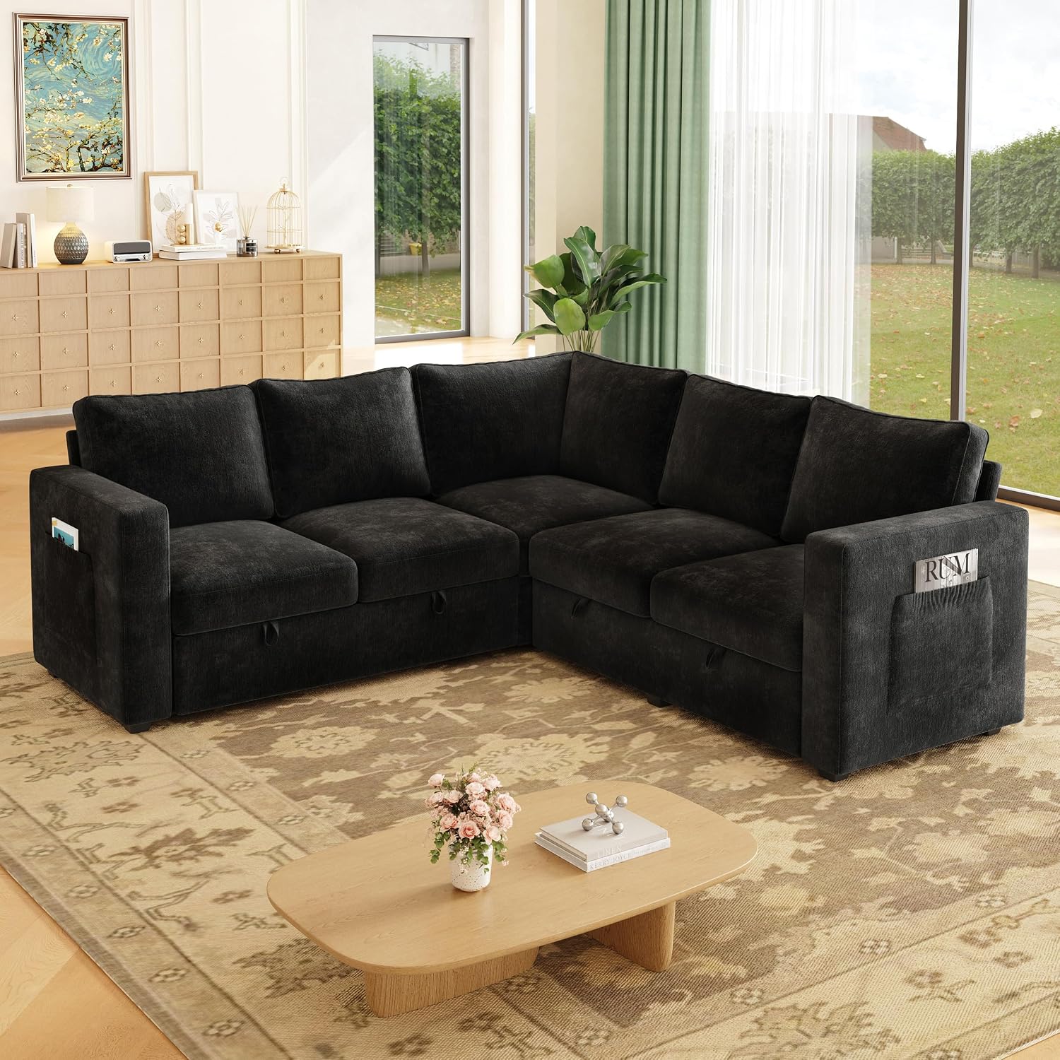 83.5' Sectional Sleeper Sofa with Pull Out Couch, Modern 5 Seat L Shaped Modular Couch, Sectionals Modular Sofa with Storage, Comfy Sectional Couches for Living Room & Apartment, Black