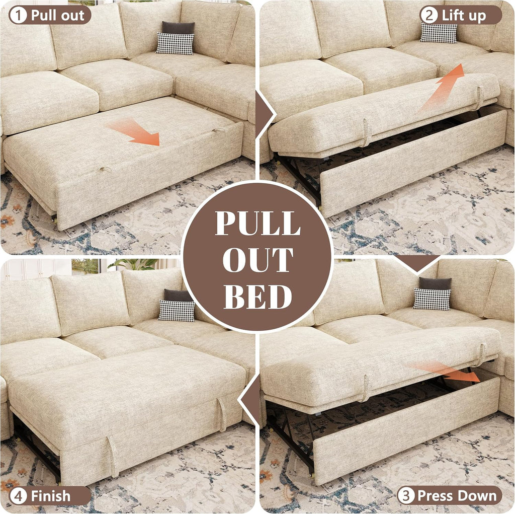 108 Inch Modular Sectional Sofa with Pull Out Bed,U Shaped 7 Seat Sectional Sleeper Sofa with Storage,Sectional Couches for Living Room,Cloud Modular Couch,Removable Sofa Cover,Beige