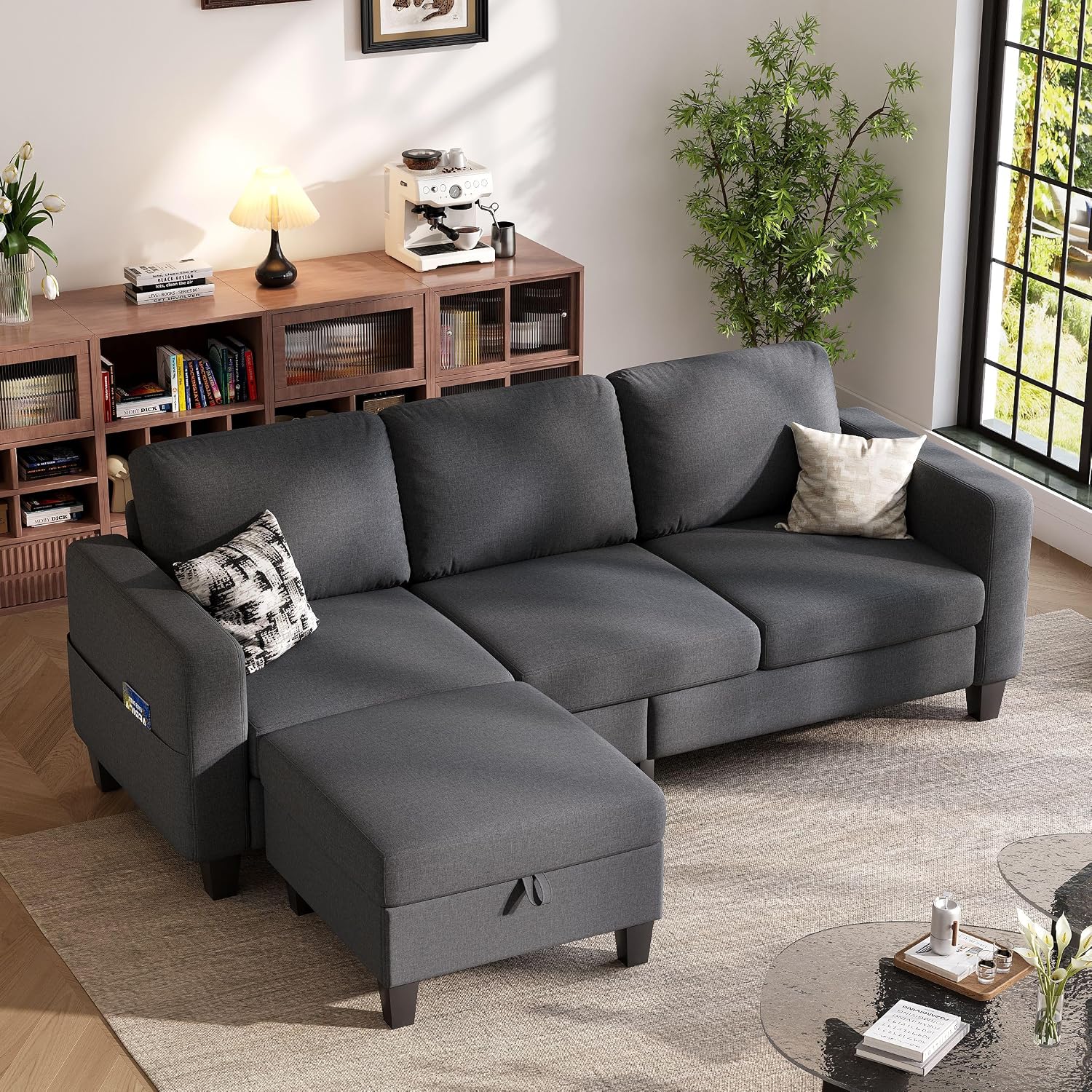 78' Sectional Sofa Couches for Living Room, Dark Grey Convertible L Shaped Couch with Storage Ottoman, Deep Seat Pet-Friendly Linen Fabric Sofa Set for Small Space, Apartment, Dorm