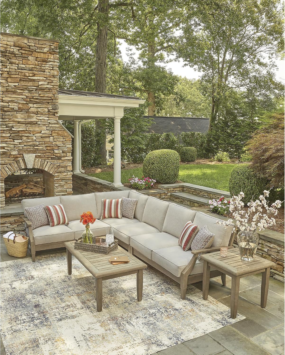 Signature Design by Ashley Clare View Left-Arm Facing Contemporary 4-Piece Outdoor Sectional with Cushion and 6 Throw Pillows, Beige