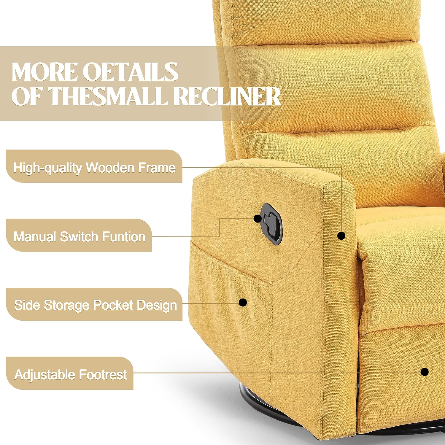 PELUMY Manual Recliner Chair, 360° Swivel Glider and Rocker Recliner with 155° Recline, Compact Fabric Recliner for Small Space, Nursery, Living Room, Bedroom, No Tools Assembly (Yellow)