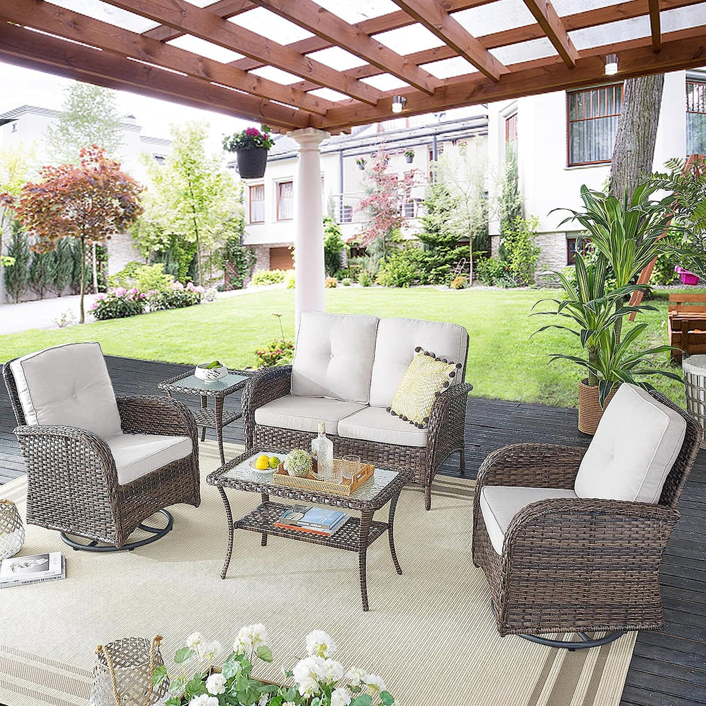 Belord Patio Furniture Swivel Glider PE Wicker Chairs, Outdoor Swivel Rocker Seating with Cushions for Porch Deck Balcony, Brown/Beige
