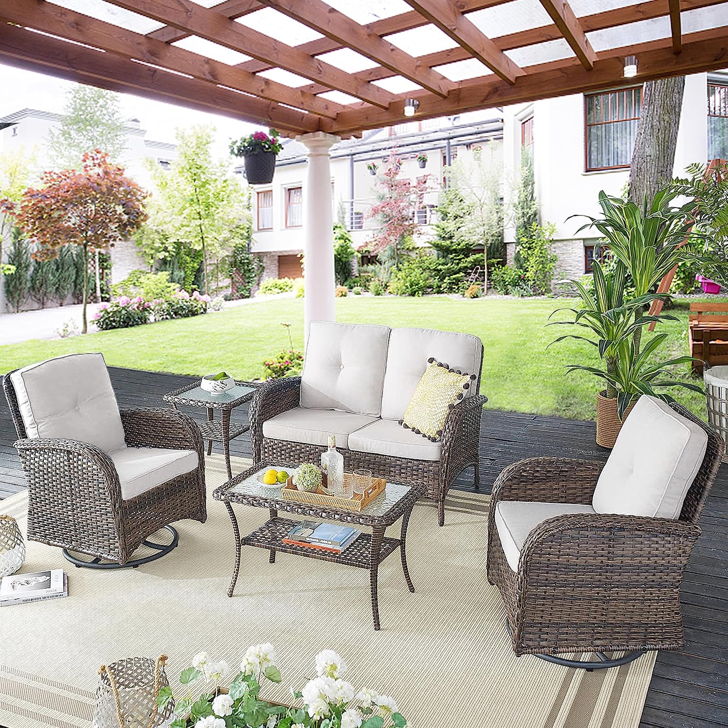 Belord Patio Furniture Swivel Glider PE Wicker Chairs, Outdoor Swivel Rocker Seating with Cushions for Porch Deck Balcony, Brown/Beige