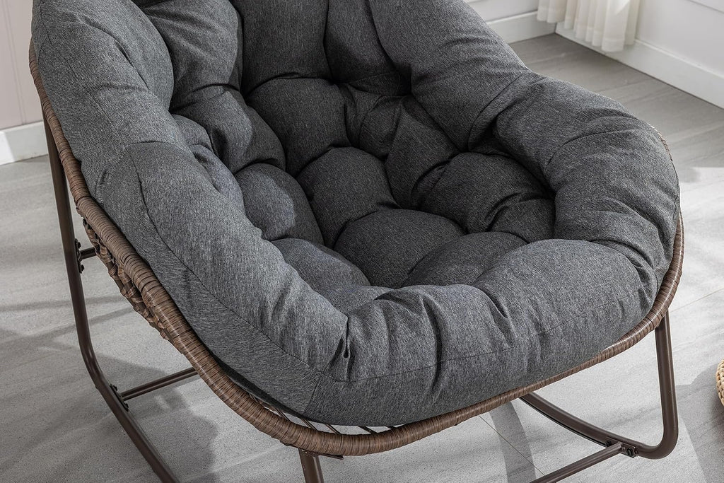 Outdoor Rattan Rocking Chair Oversized Papasan Recliner Lounger, Steel Frame & Thick Olefin Cushion, Indoor/Outdoor Use for Patio, Porch, Backyard, Garden, Balcony, Grey