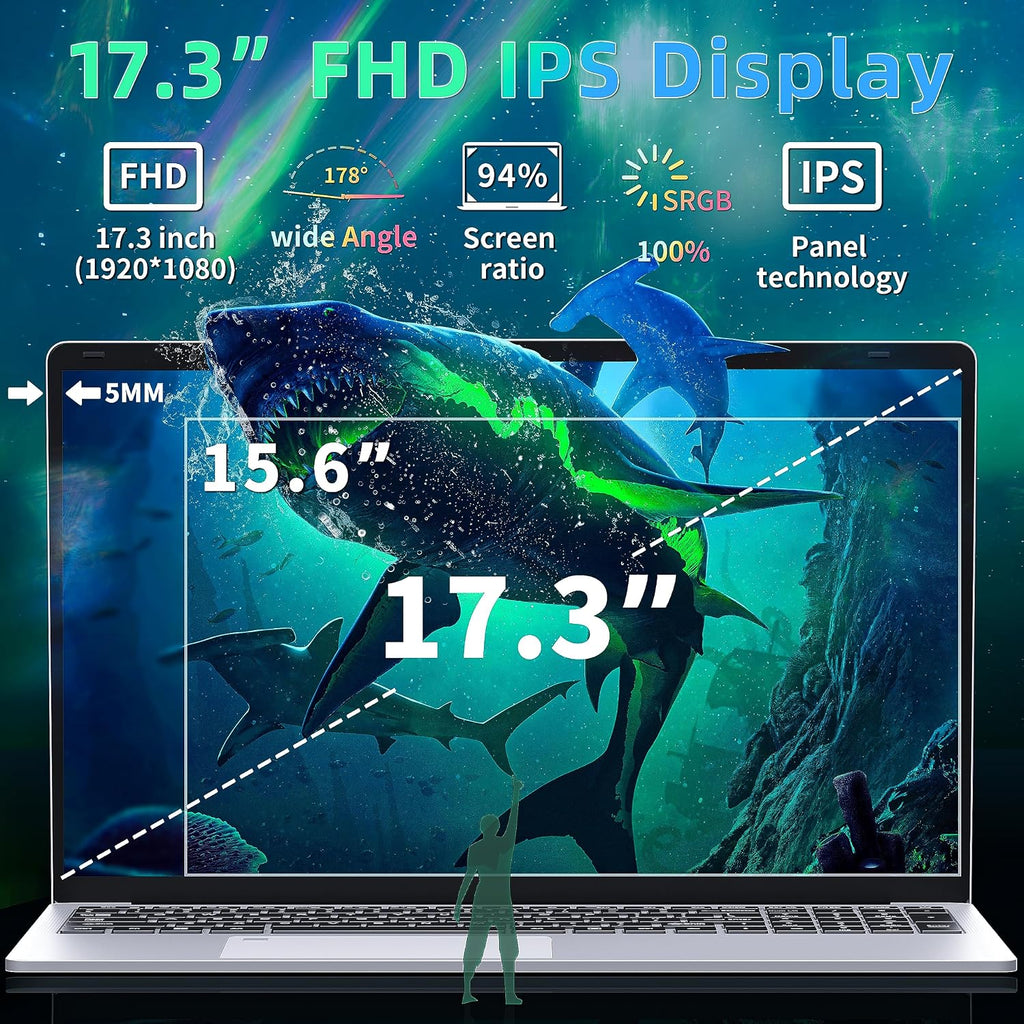 17.3 inch FHD IPS Laptop Computer, 16GB RAM 1TB SSD, 6500Y CPU(Up to 3.4GHz, Beat N5095), Win 11 Pro, Backlit Keyboard, Fingerprint, HDMI, USB-C,BT 5.0/WiFi,180° View,for Business Students