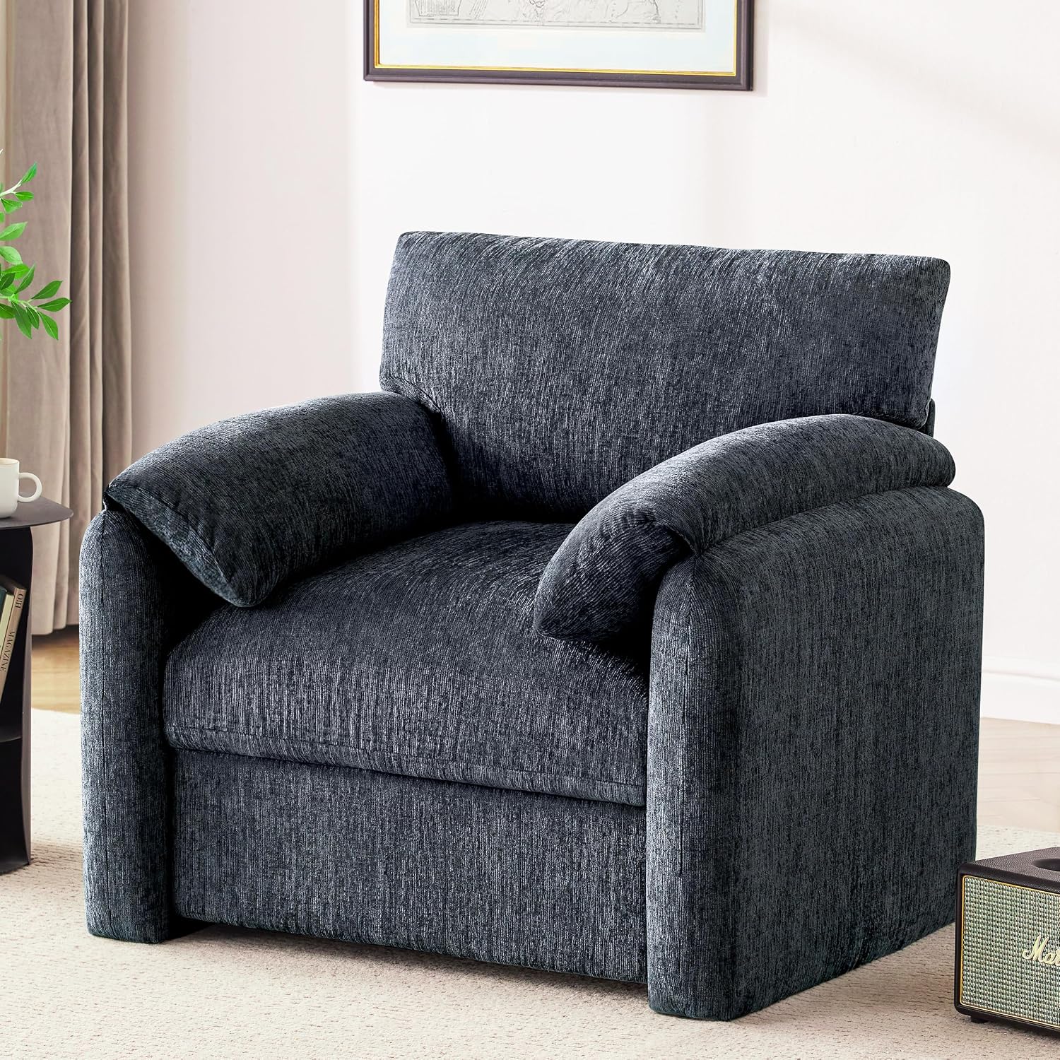 Howjoe Chenille Oversized Armchair, 38.6' Wide Accent Chairs for Living Room & Bedroom Modern Lounge Chair, Upholstered Mid-Century Reading Chair, Comfy Living Room Chair, Single Sofa Chair, Blue