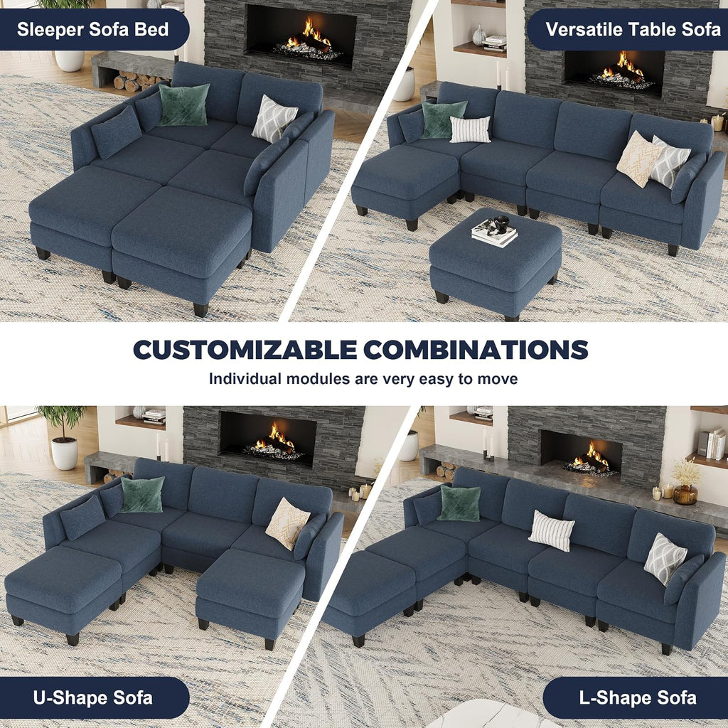 Modular Sectional Sofa, 6 Seaters Modular Sleeper Sofa Couch, Comfy Sectionals Couches Bed, Convertible Sofas with Ottomans, Sectional Couches for Living Room, Blue