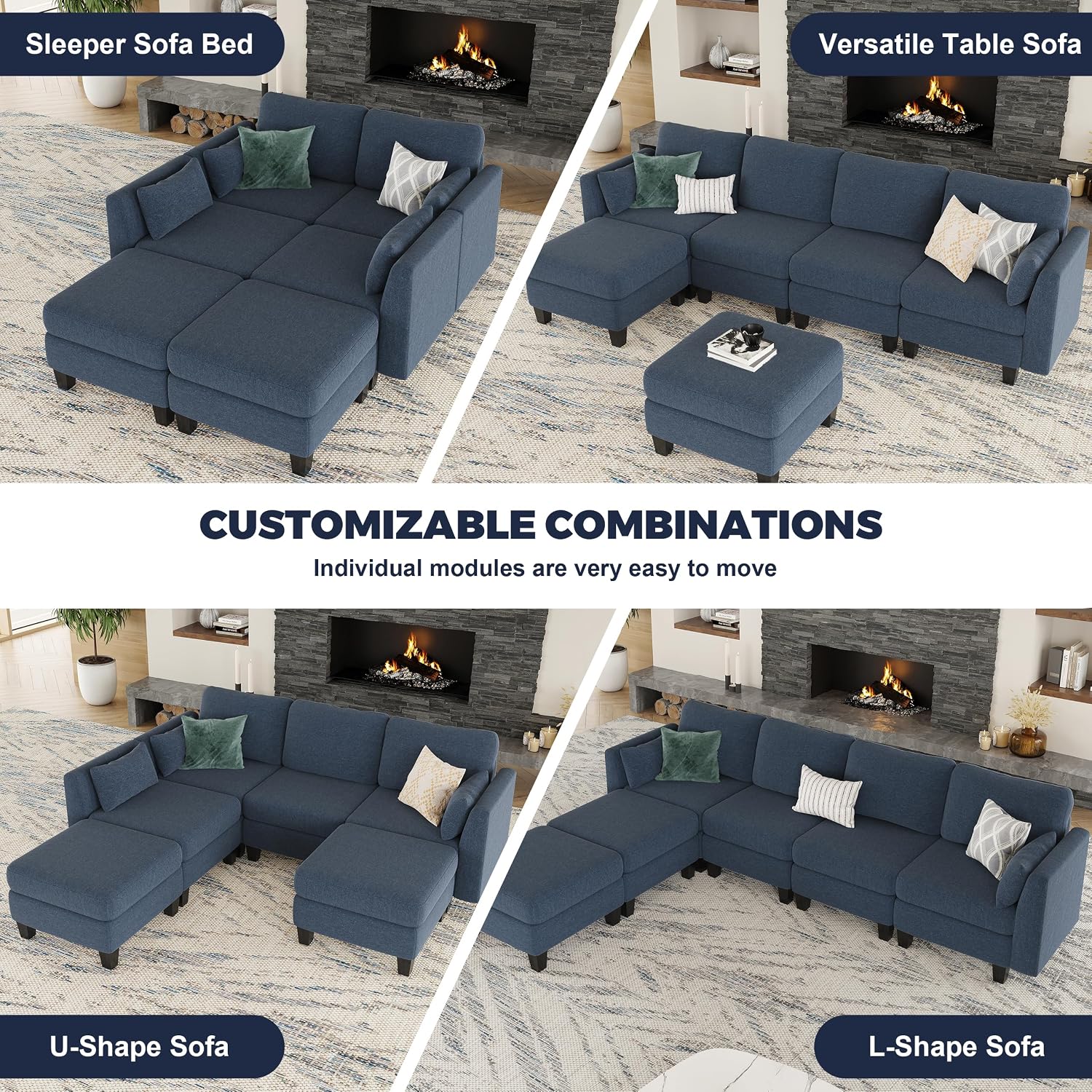 Modular Sectional Sofa, 6 Seaters Modular Sleeper Sofa Couch, Comfy Sectionals Couches Bed, Convertible Sofas with Ottomans, Sectional Couches for Living Room, Blue