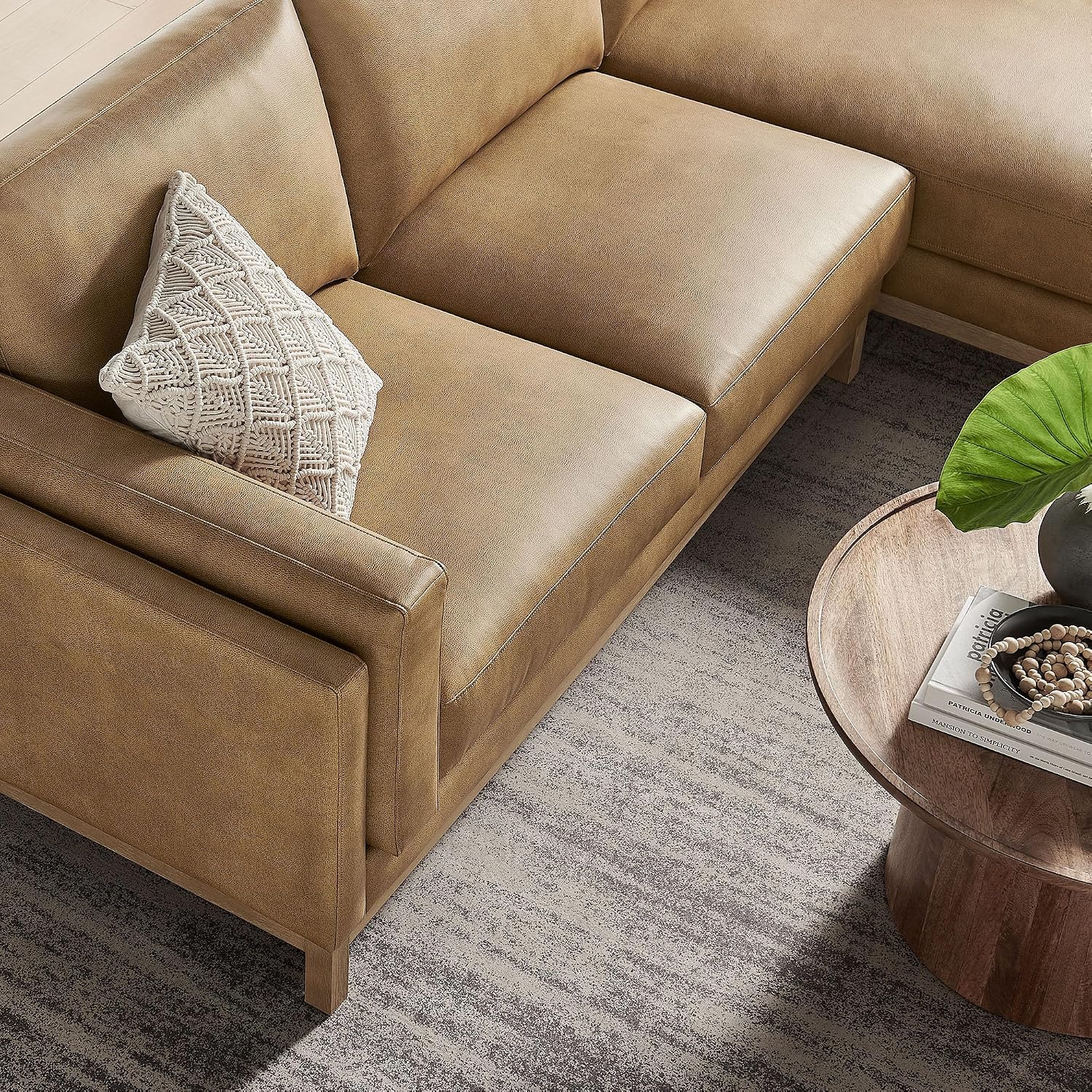 Modway Roscoe Right-Facing Sectional Sofa with Chaise in Toast - 2-Piece Faux Leather Upholstered Deep Seat Couch, L Shaped Modular for Living Room or Lounge