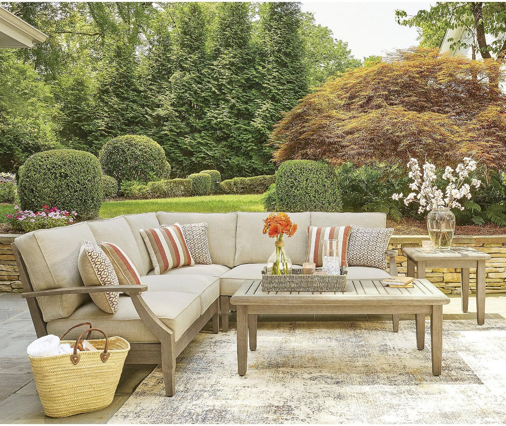 Signature Design by Ashley Clare View Symmetrical Contemporary 3-Piece Outdoor Sectional with Cushion and 6 Throw Pillows, Beige