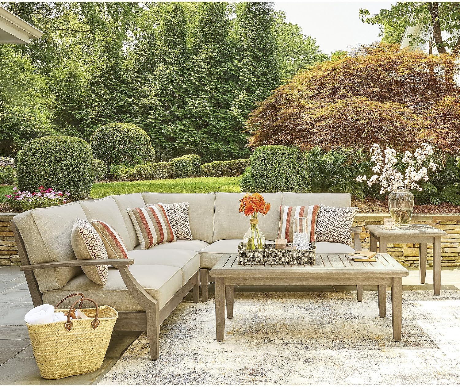 Signature Design by Ashley Clare View Symmetrical Contemporary 3-Piece Outdoor Sectional with Cushion and 6 Throw Pillows, Beige